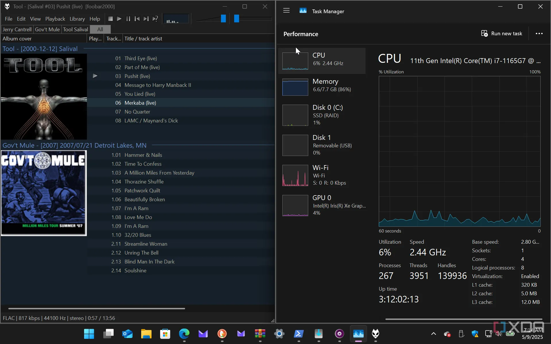 Foobar2000 và Trình quản lý tác vụ Windows 11 cho thấy mức độ sử dụng tài nguyên thấp