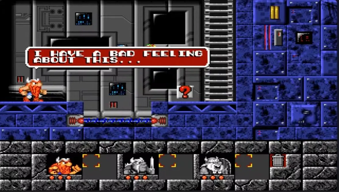 Gameplay cấp độ đầu tiên của game giải đố The Lost Vikings trên hệ máy MS-DOS, với ba nhân vật Viking.