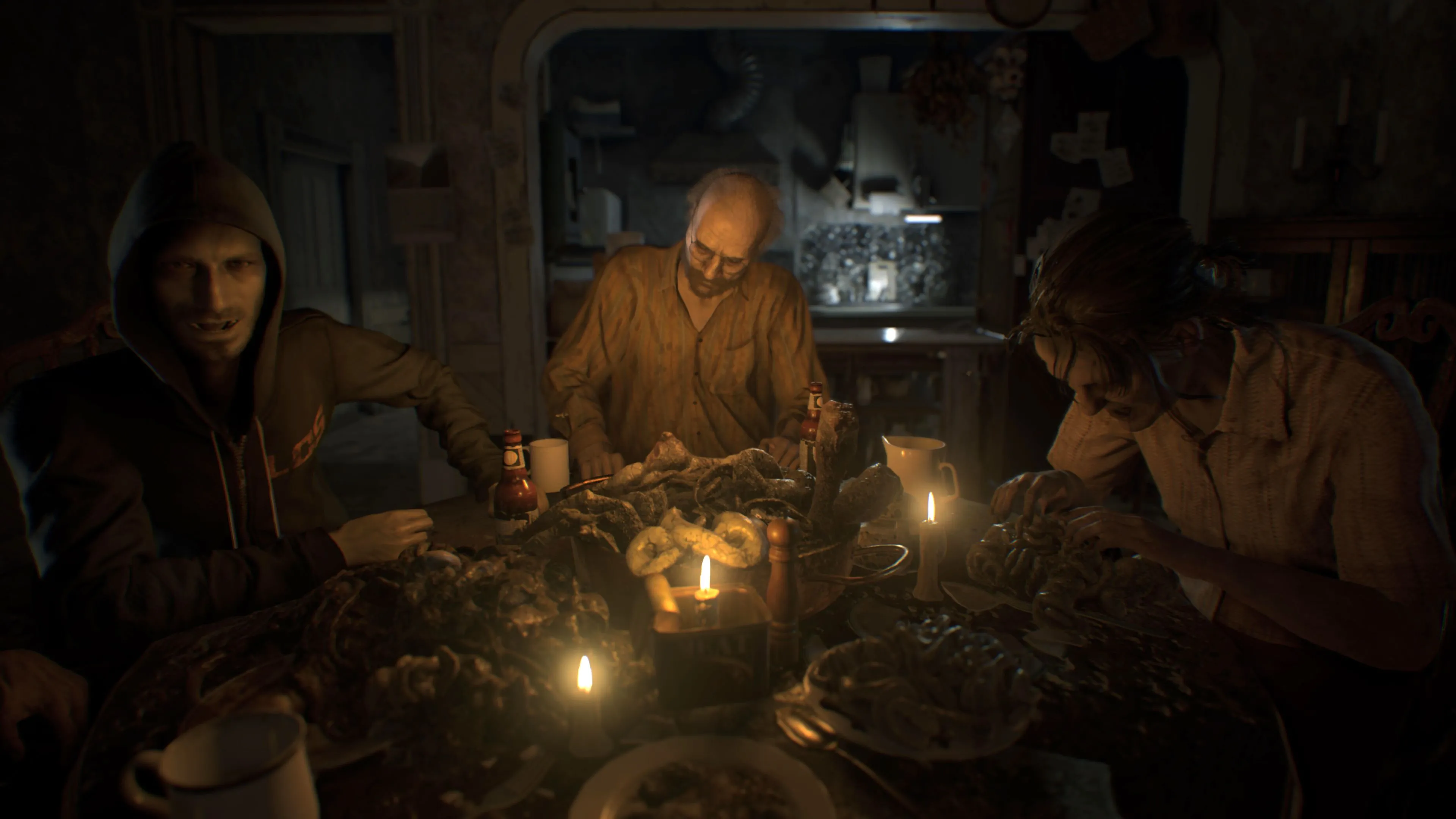 Gia đình Baker trong bữa tối rùng rợn từ game Resident Evil 7, một tựa game kinh dị đáng sợ trên Xbox One
