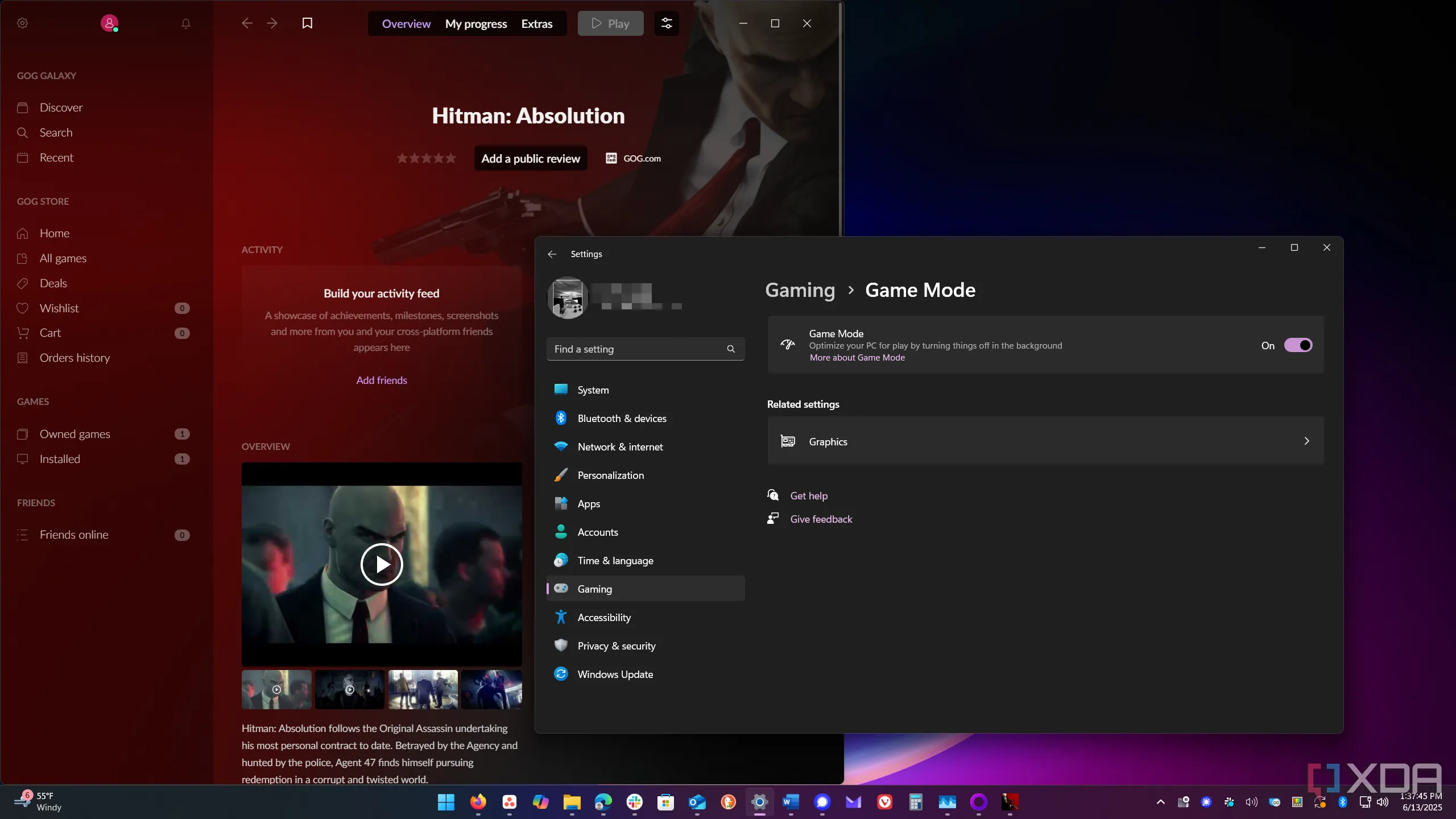 Giao diện bật Game Mode cho tựa game Hitman Absolution trên Windows, minh họa tính năng tối ưu game