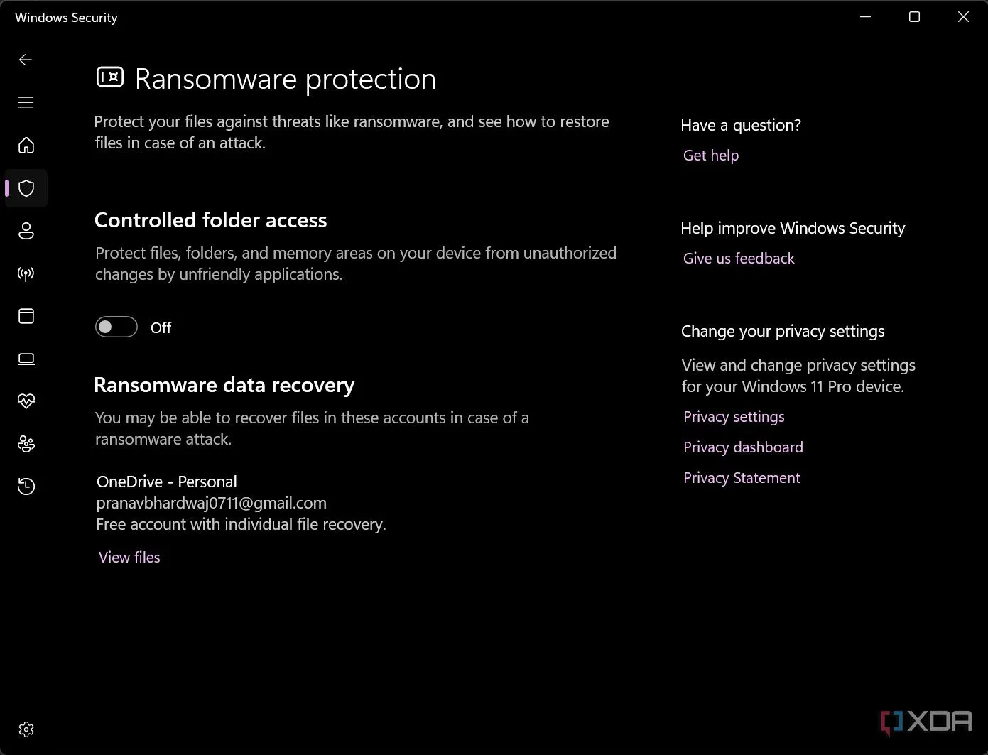 Giao diện cài đặt cho phép bật tính năng bảo vệ chống mã độc tống tiền (ransomware protection) trên hệ điều hành Windows