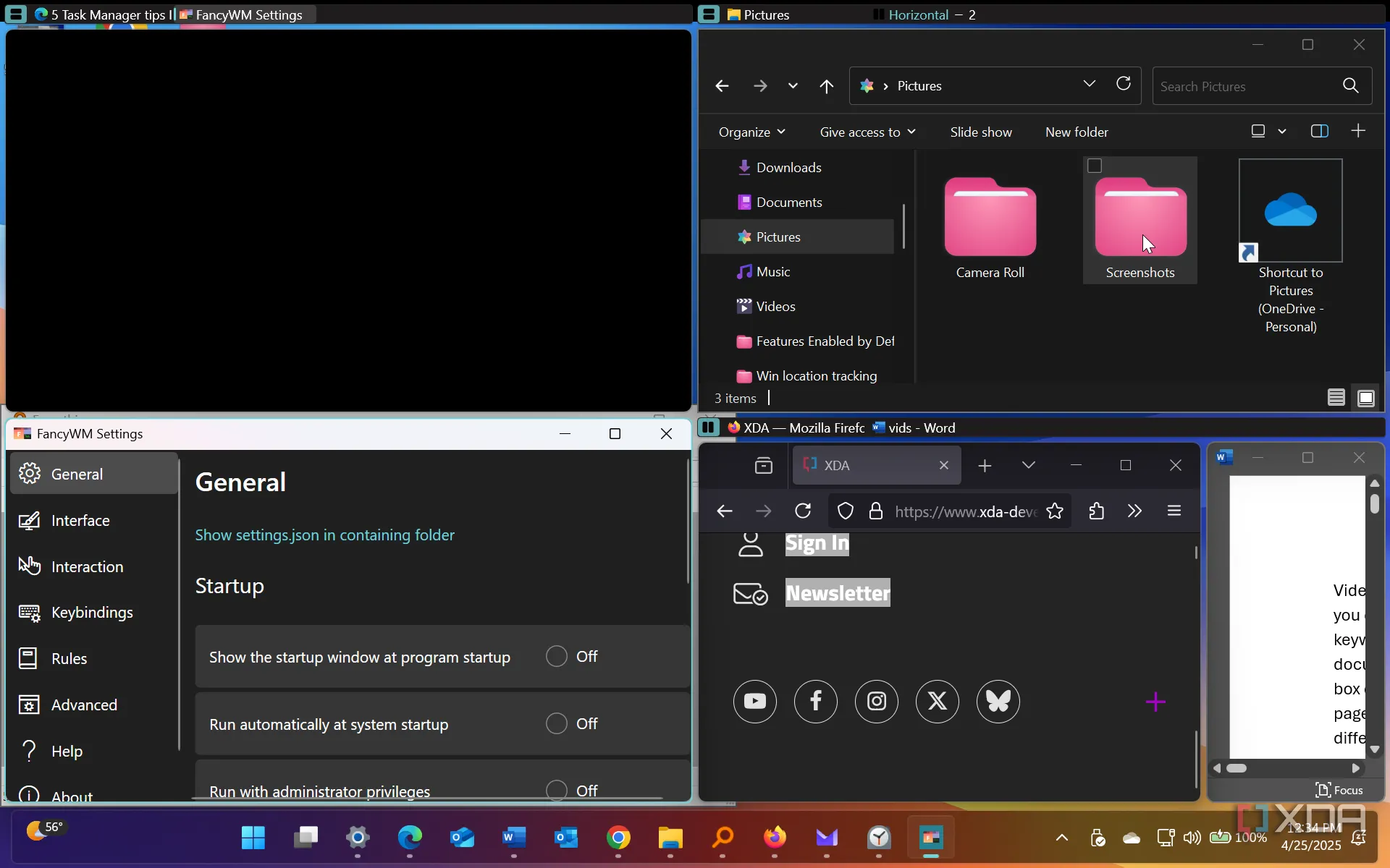 Giao diện cài đặt của FancyWM, một tiling window manager phổ biến trên Windows