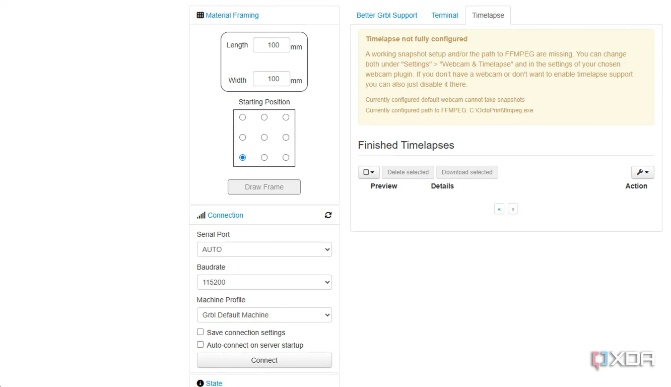 Giao diện cài đặt OctoPrint hoặc BetterGRBLSupport plugin, nơi người dùng cố gắng thiết lập tích hợp camera cho máy khắc laser