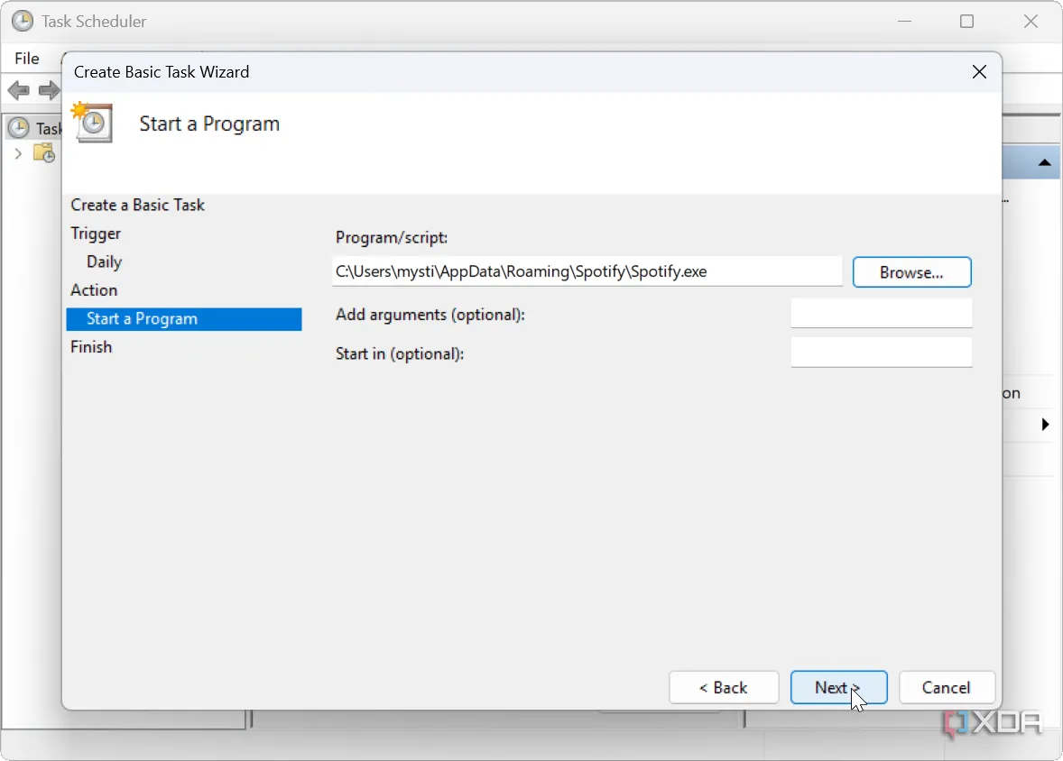 Giao diện cài đặt Task Scheduler trên Windows, minh họa cách thiết lập tác vụ để khởi chạy ứng dụng Spotify
