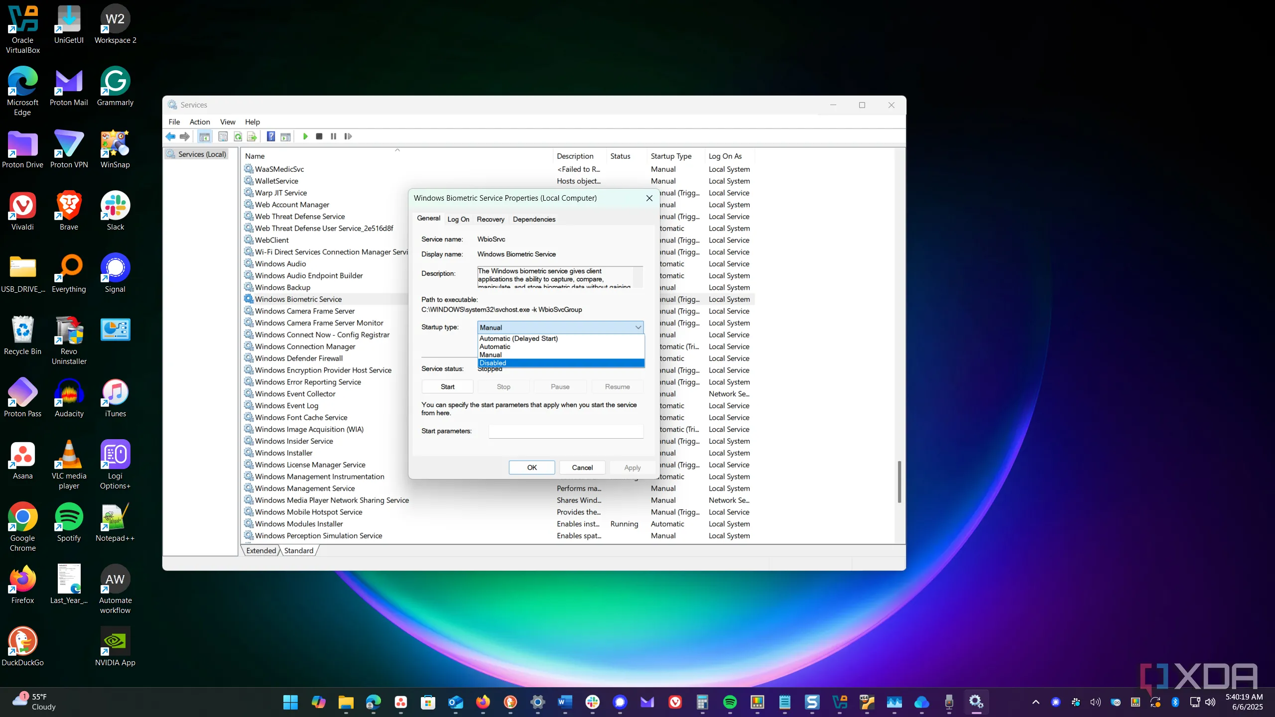 Giao diện cài đặt tắt dịch vụ Windows để tối ưu hóa hiệu suất