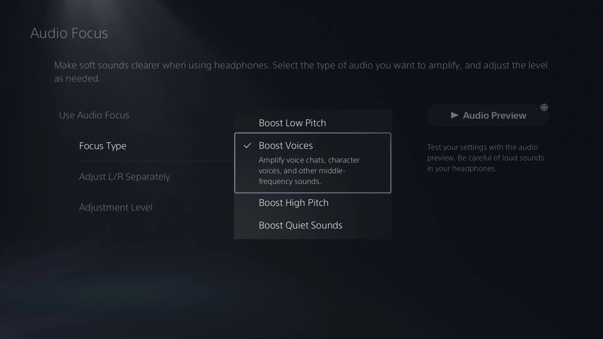 Giao diện cài đặt tính năng Audio Focus trên PlayStation 5