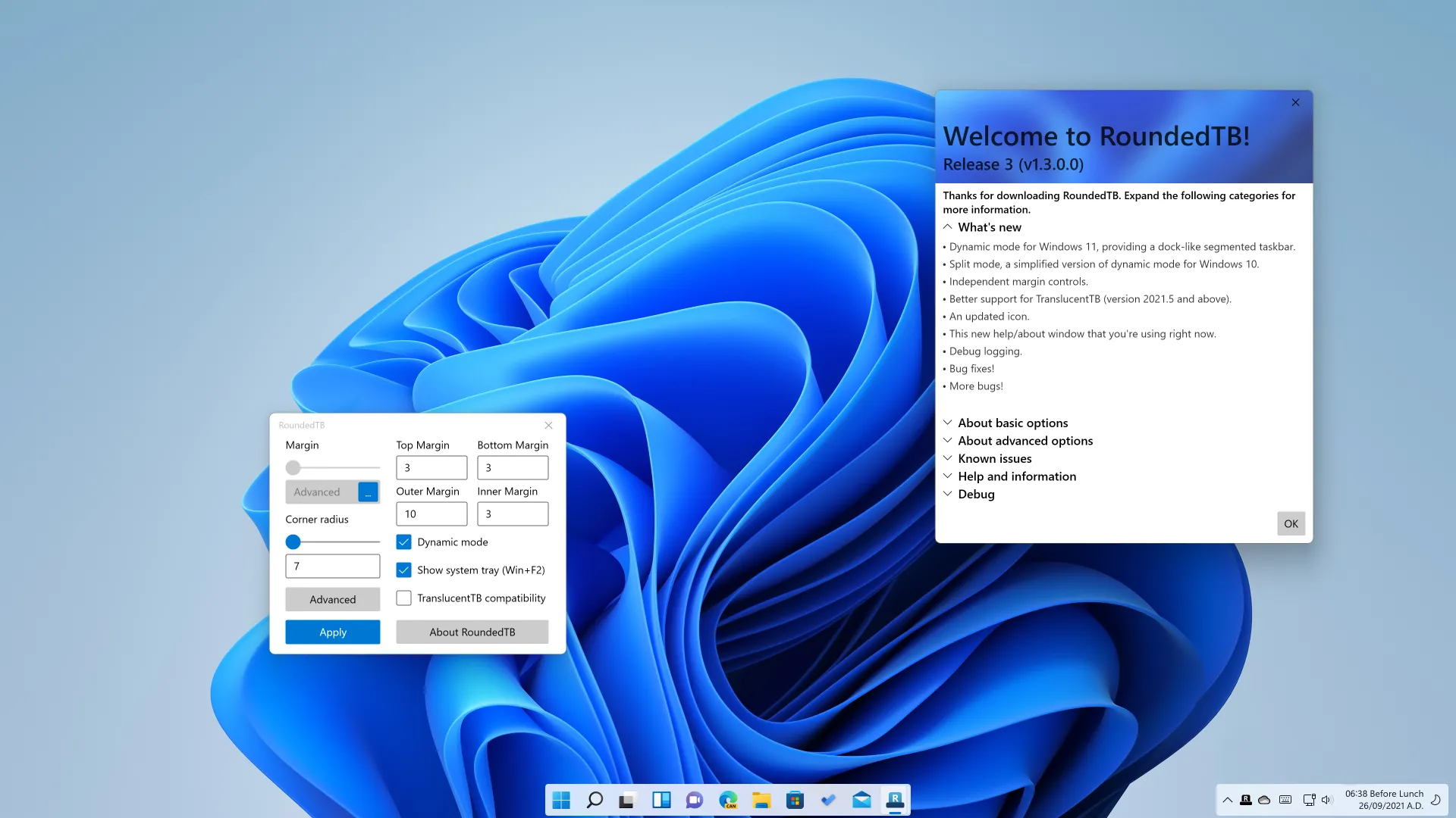 Giao diện cài đặt ứng dụng RoundedTB hiển thị các tùy chọn để bo tròn góc thanh Taskbar trên Windows 11.