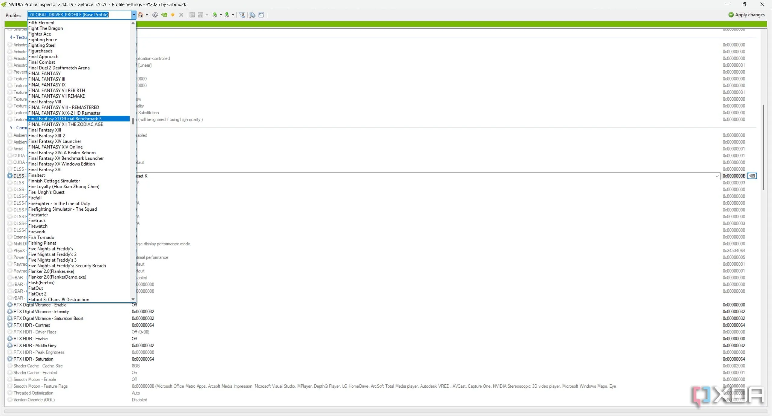 Giao diện cấu hình toàn cầu trong Nvidia Profile Inspector