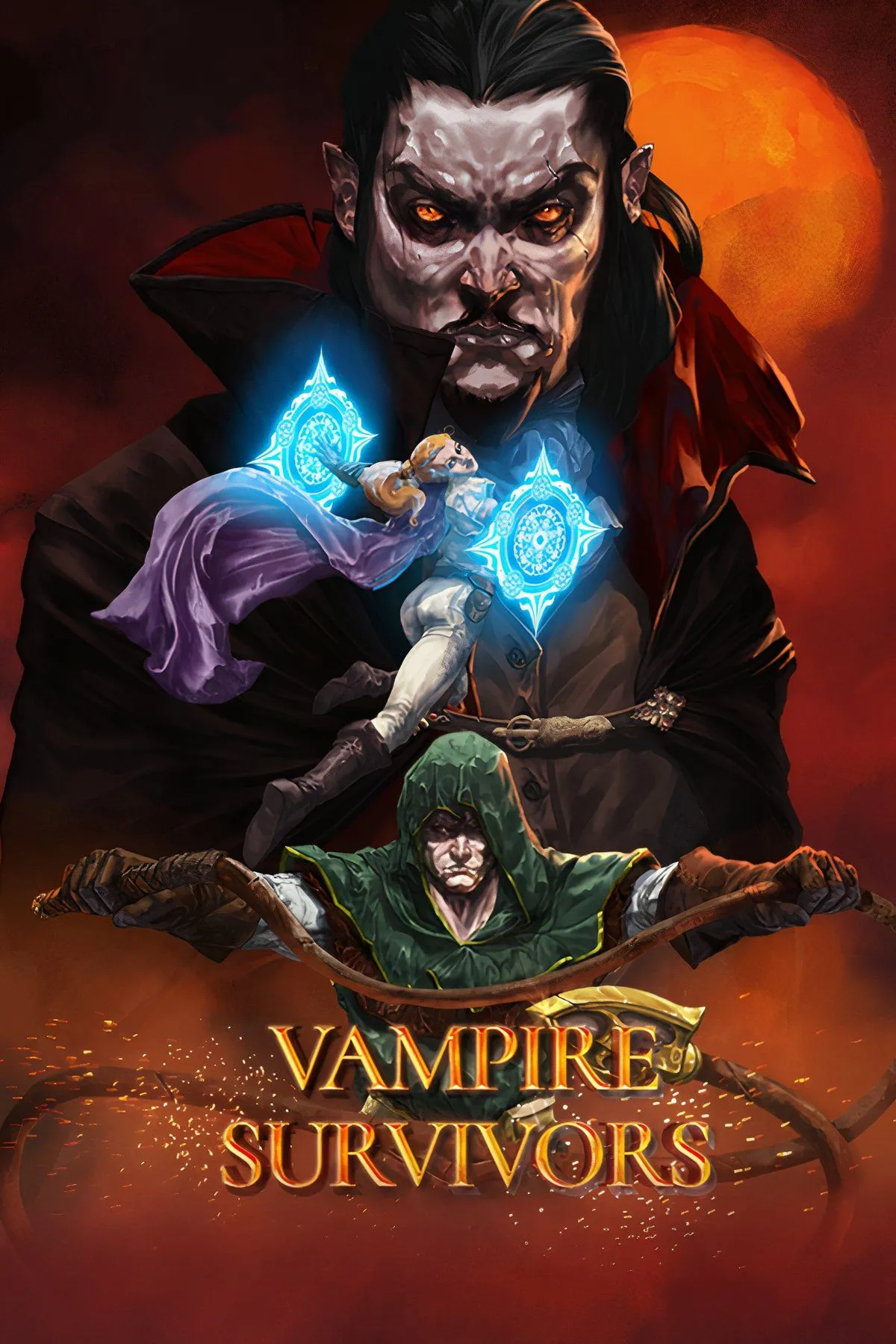 Giao diện chiến đấu trong Vampire Survivors với nhân vật được bao vây bởi kẻ thù và vô số đạn bay.