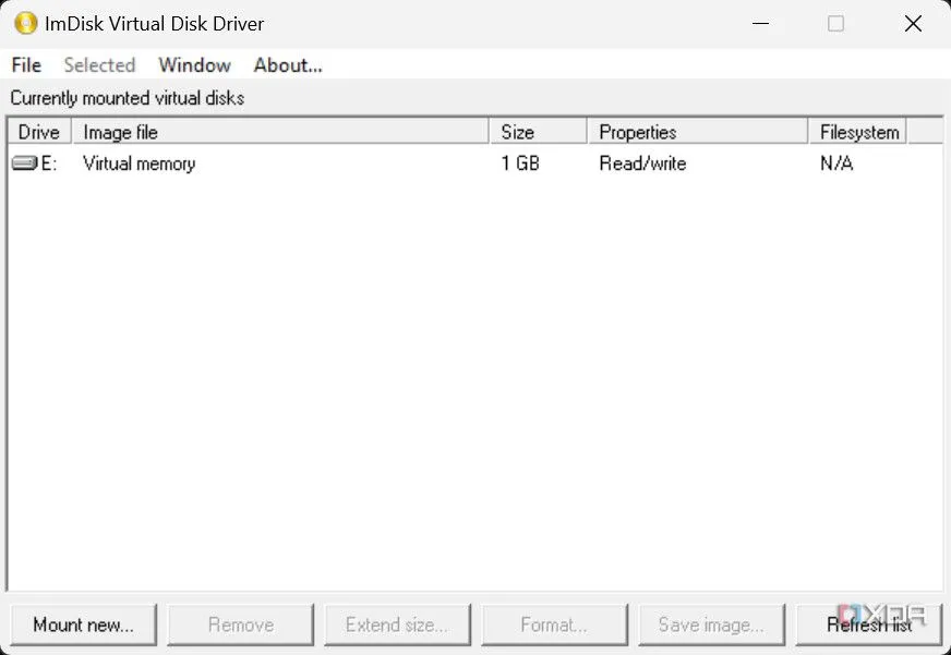 Giao diện chính của phần mềm ImDisk Virtual Disk Driver, hiển thị các tùy chọn quản lý ổ đĩa RAM ảo.
