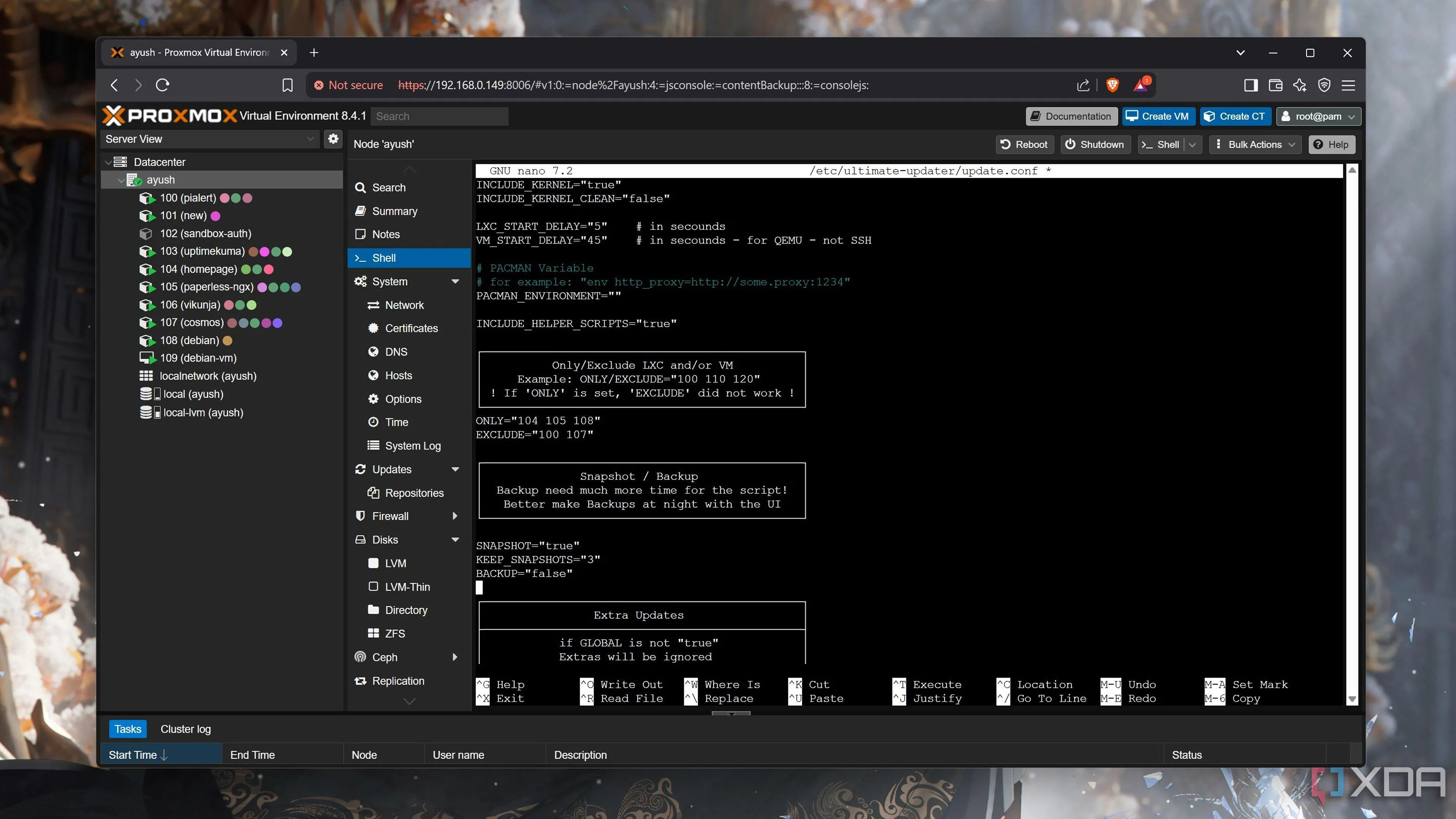 Giao diện chỉnh sửa file `update.conf` của Ultimate Updater với các tùy chọn `ONLY`, `EXCLUDE` và `KEEP_SNAPSHOTS`