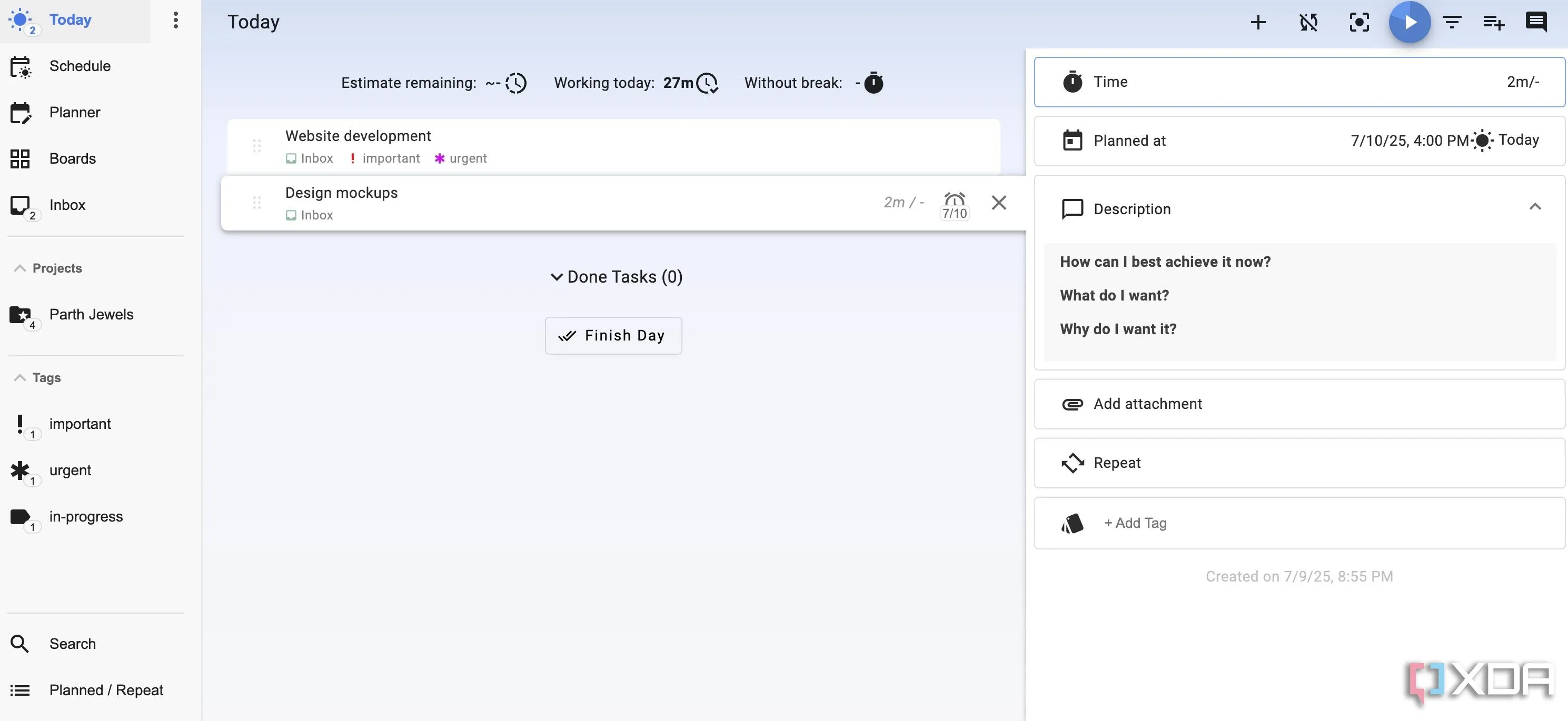 Giao diện chính ứng dụng Super Productivity hiển thị danh sách công việc và thời gian