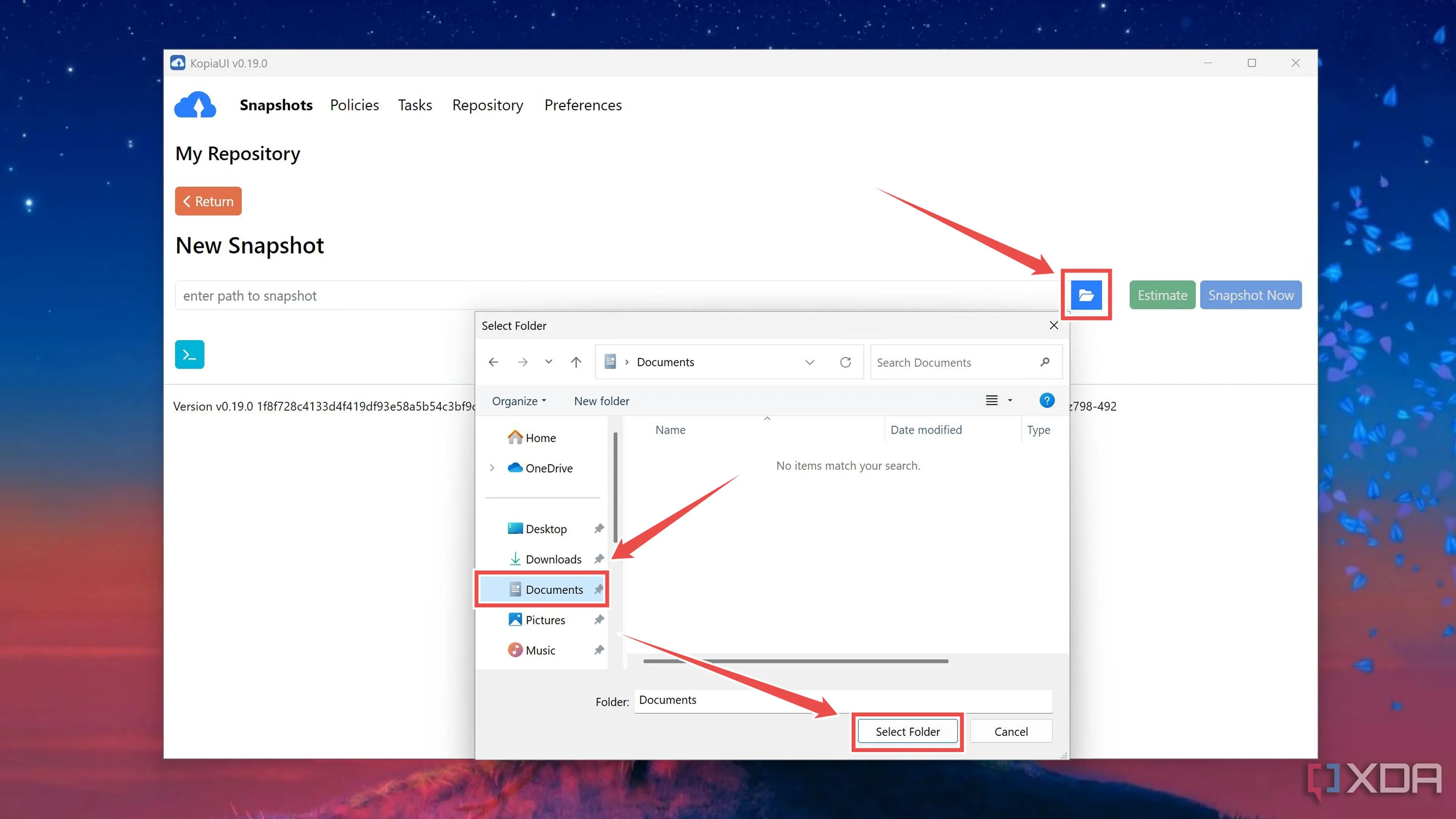 Giao diện chọn thư mục trong Kopia, cho phép người dùng điều hướng File Explorer để chọn thư mục cần sao lưu snapshot