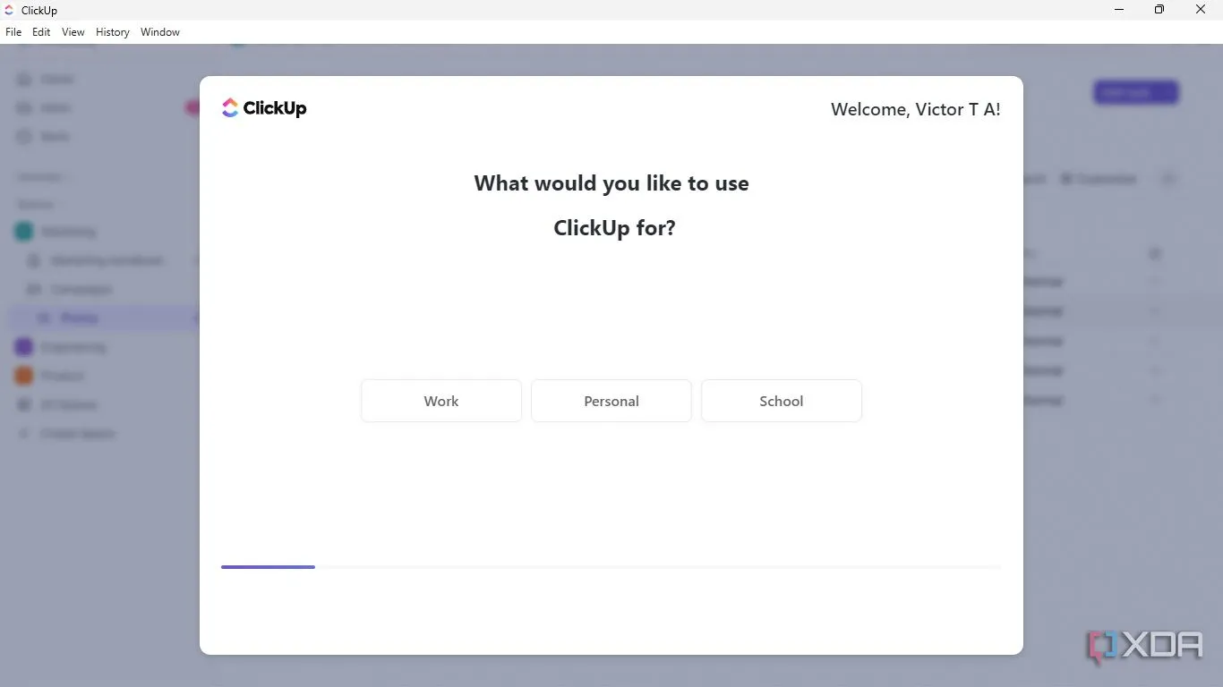 Giao diện ClickUp yêu cầu chọn mục đích sử dụng workspace: Công việc, Cá nhân hoặc Học tập.