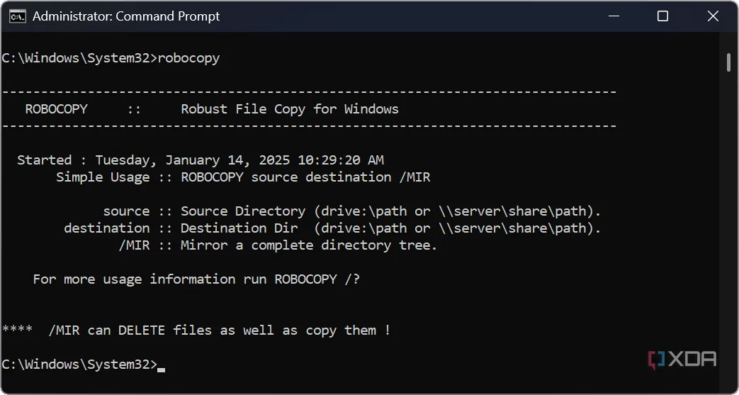 Giao diện Command Prompt đang chạy lệnh Robocopy để sao chép file, một phương pháp hiệu quả giúp tăng tốc độ truyền tải trên Windows.
