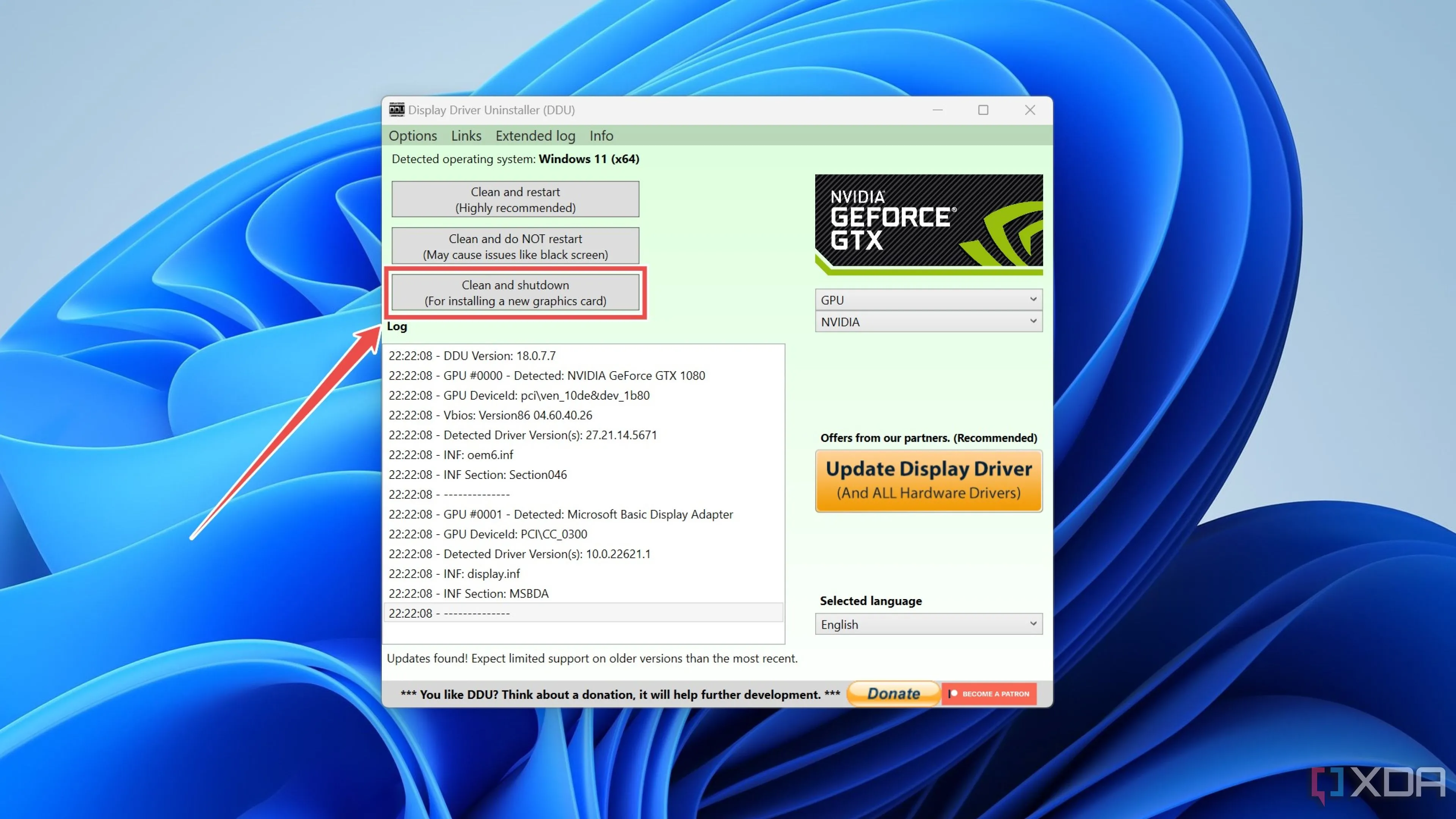 Giao diện công cụ Display Driver Uninstaller (DDU) với tùy chọn &quot;Clean and shutdown&quot; để gỡ bỏ driver GPU sạch sẽ