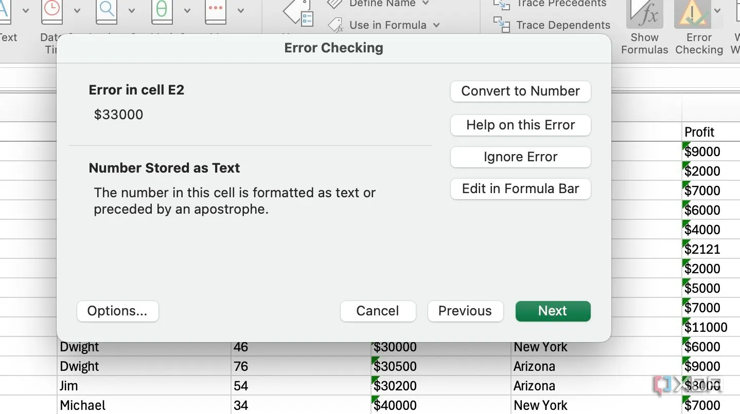 Giao diện công cụ Error Checking của Excel để phát hiện và khắc phục các lỗi phổ biến trong công thức