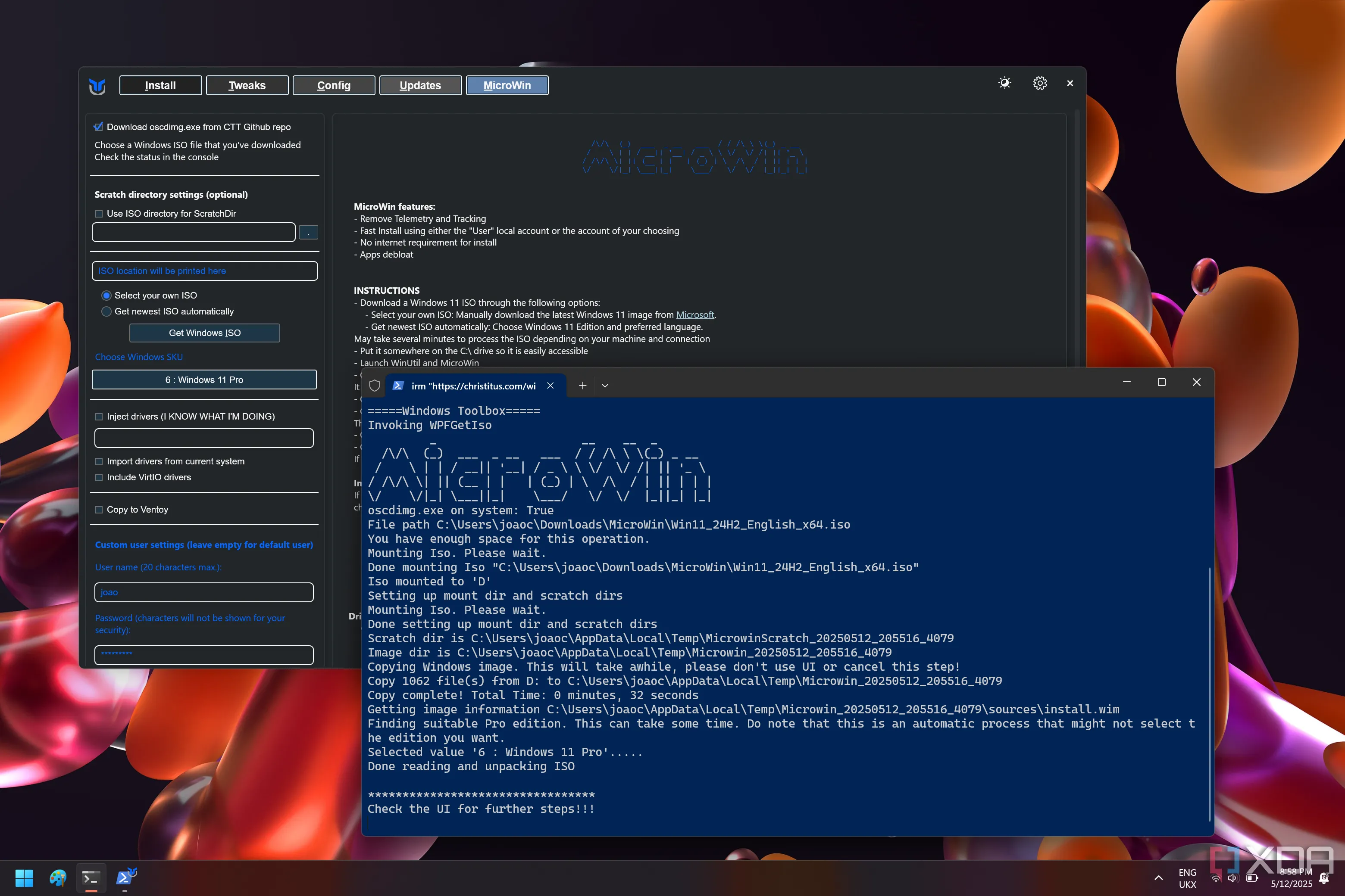 Giao diện công cụ MicroWin trong Windows Utility tạo ISO Windows gọn nhẹ