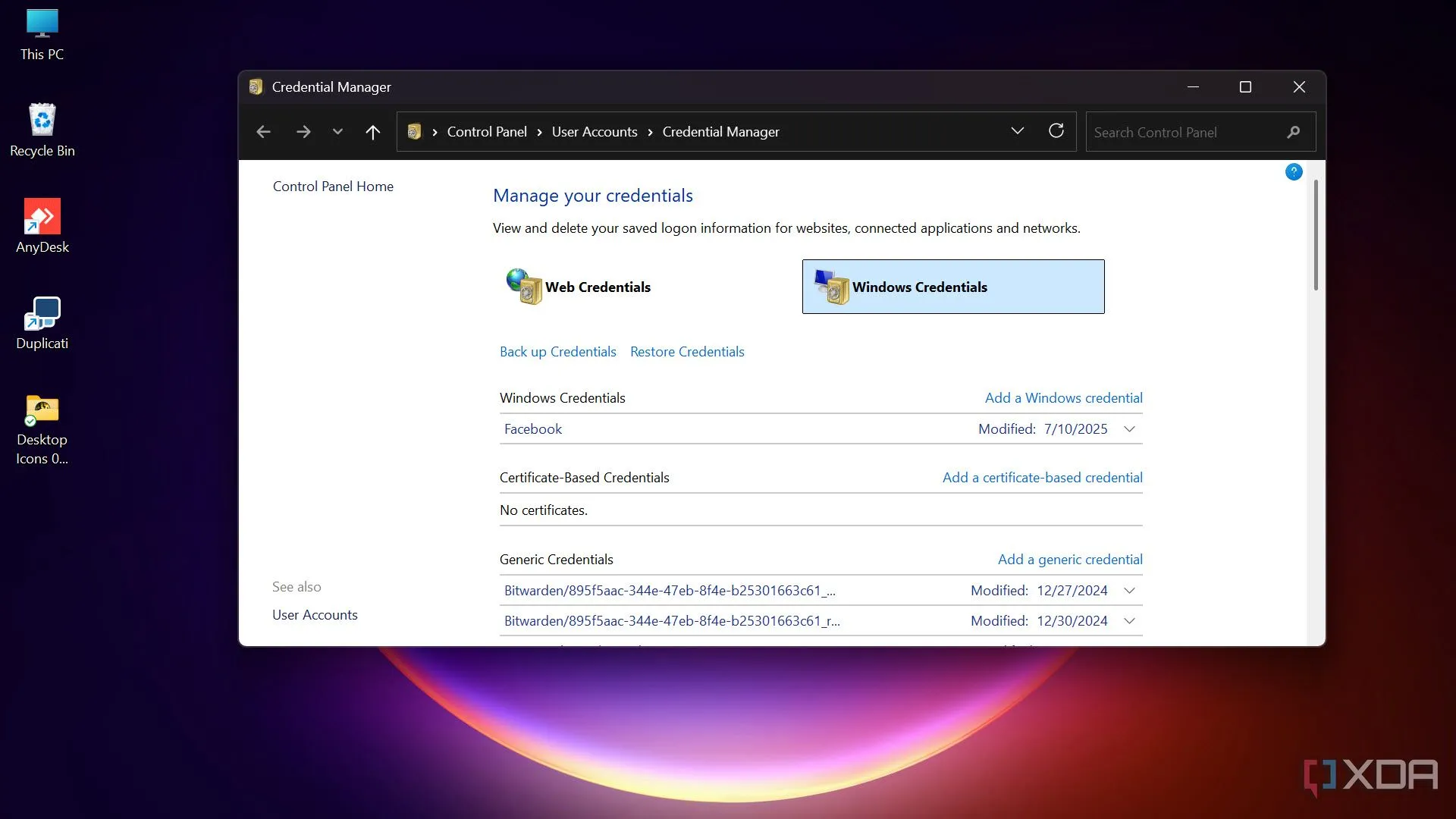 Giao diện Credential Manager trên Windows hiển thị các thông tin đăng nhập