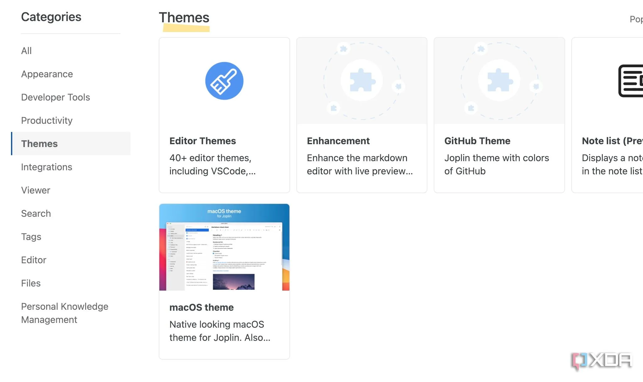 Giao diện cửa hàng plugin Joplin hiển thị danh sách các chủ đề (themes) có sẵn để tùy chỉnh ứng dụng.