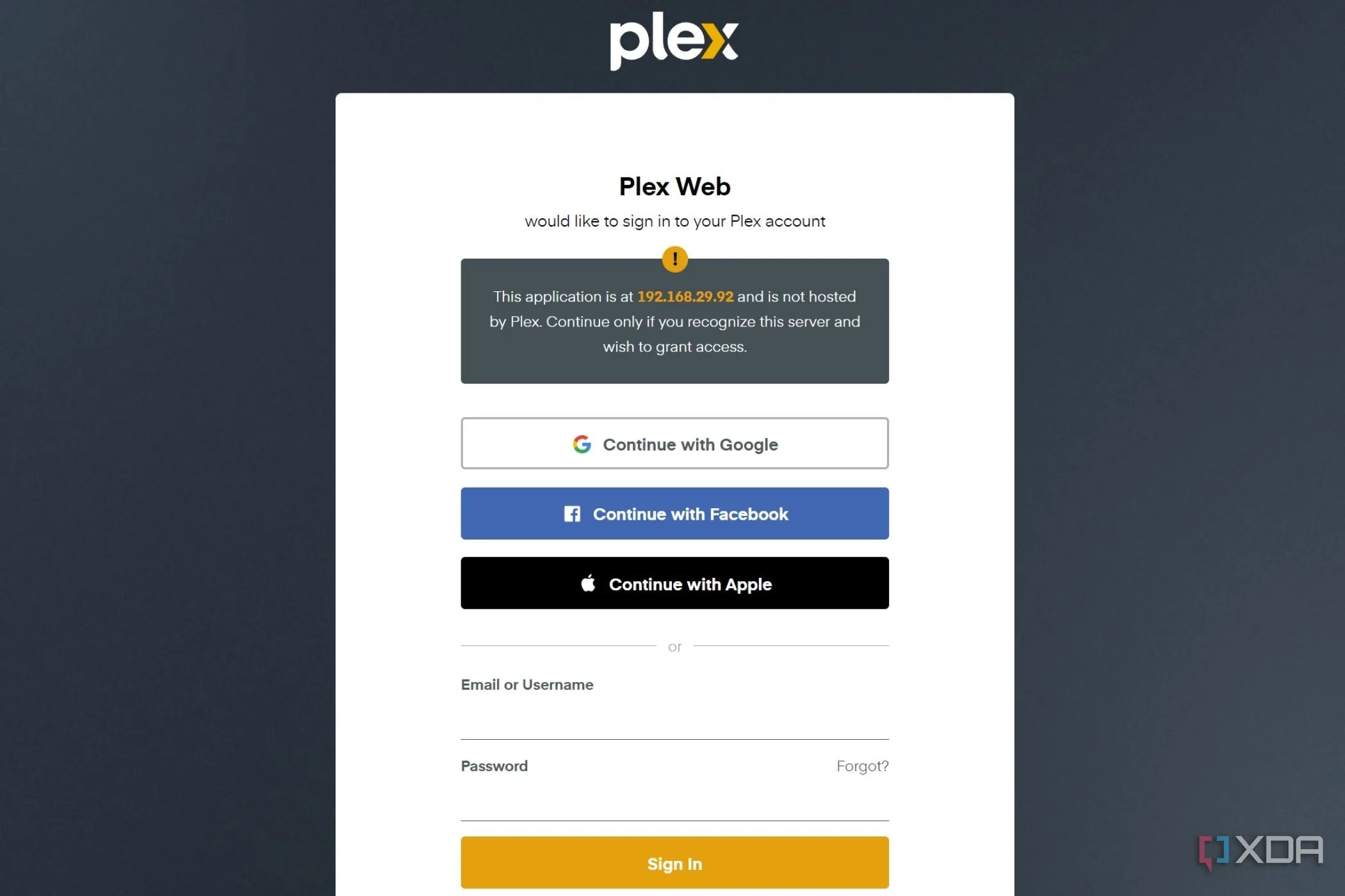 Giao diện đăng nhập vào tài khoản Plex trên trình duyệt web, minh họa sự phụ thuộc vào kết nối cloud