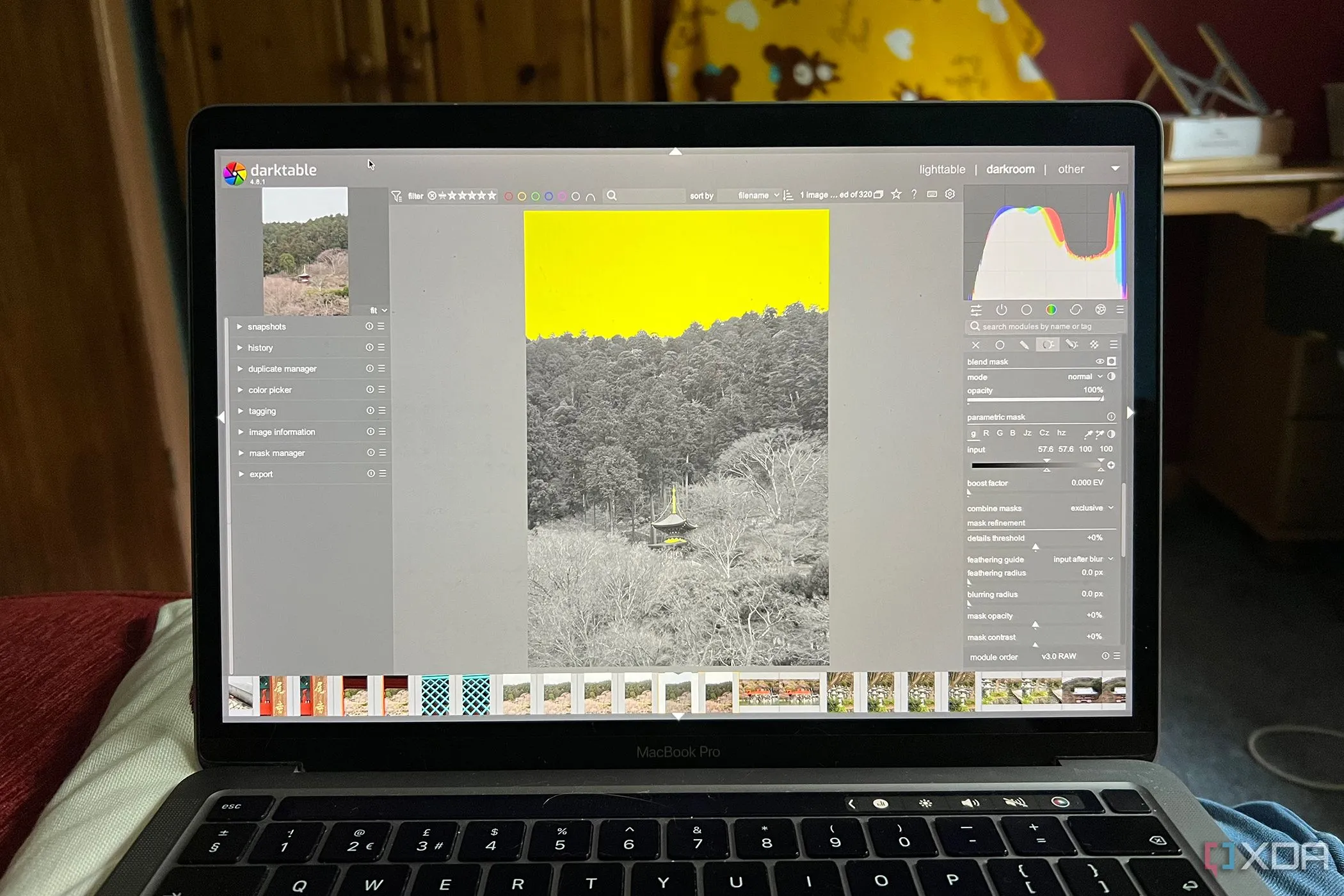Giao diện Darktable hiển thị mặt nạ tham số (parametric mask) được áp dụng trên ảnh một ngôi chùa Nhật Bản, minh họa công cụ khôi phục vùng sáng chi tiết