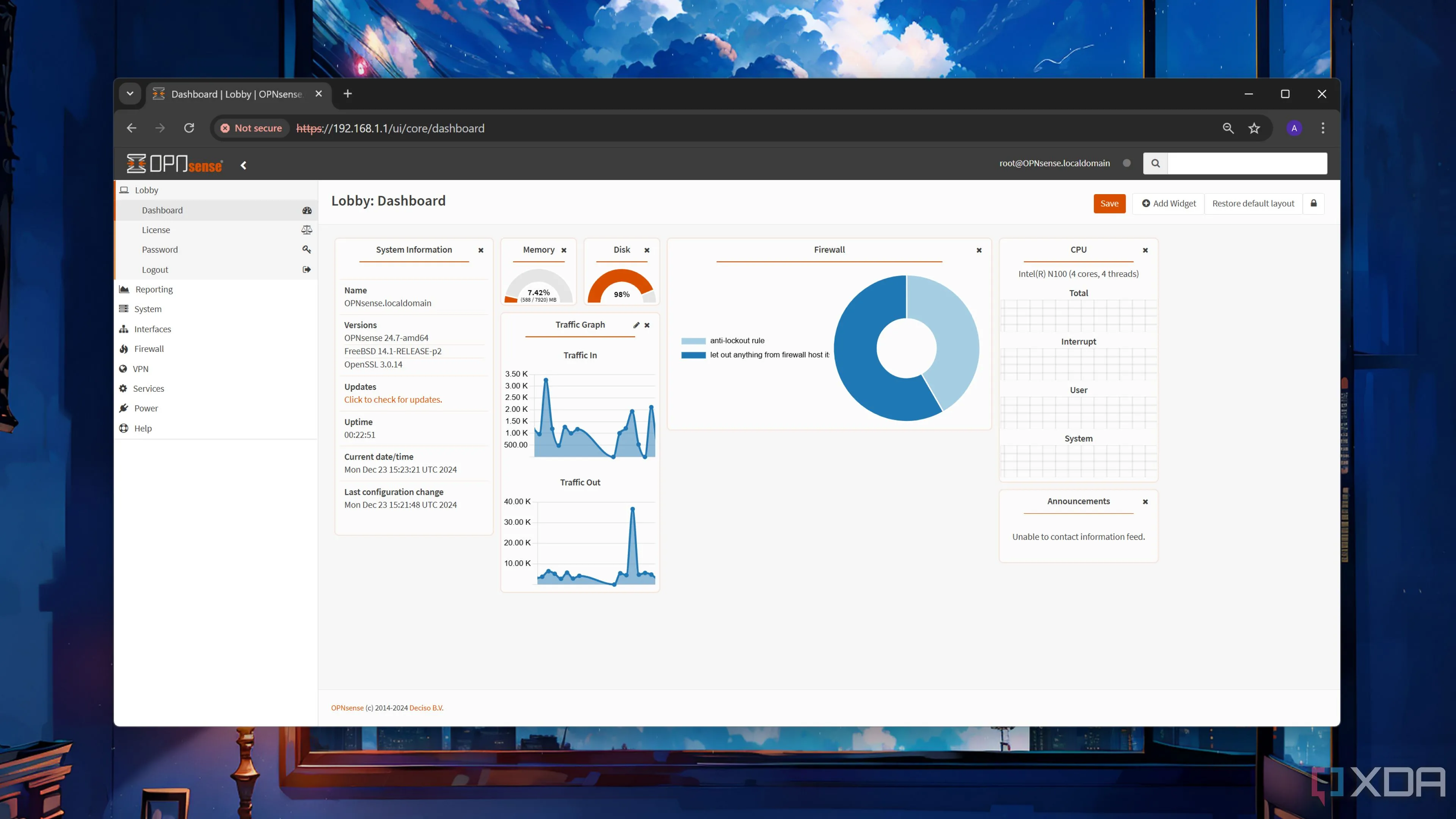 Giao diện Dashboard của OPNsense, thể hiện trạng thái hệ thống và các widget cơ bản của tường lửa