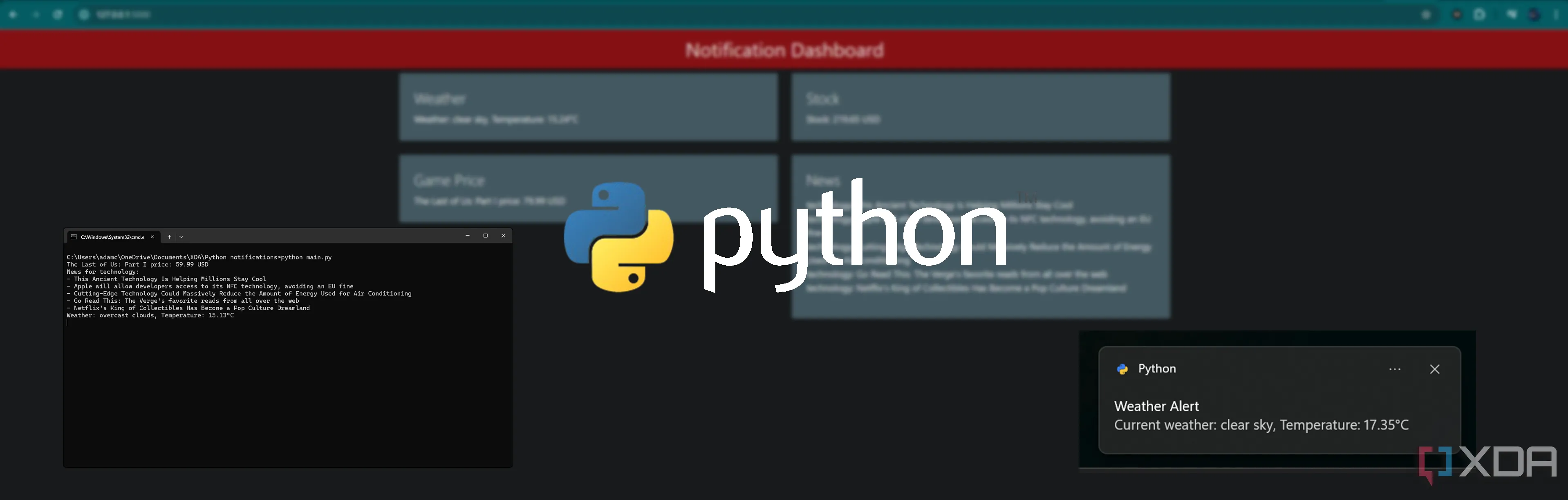 Giao diện dashboard hiển thị các thông báo từ hệ thống Python, bao gồm cửa sổ terminal và logo Python