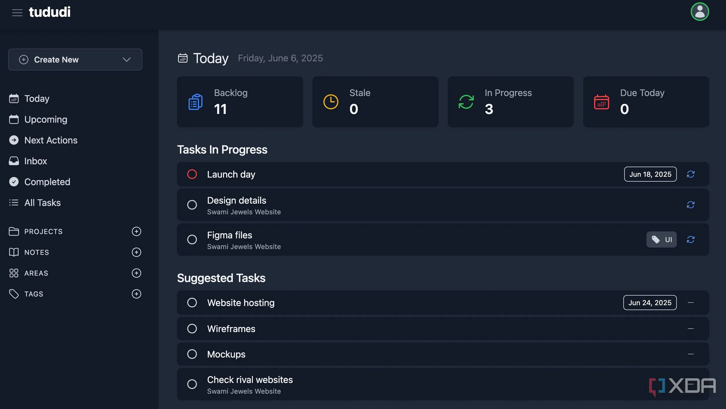Giao diện dashboard trực quan của ứng dụng quản lý công việc Tududi