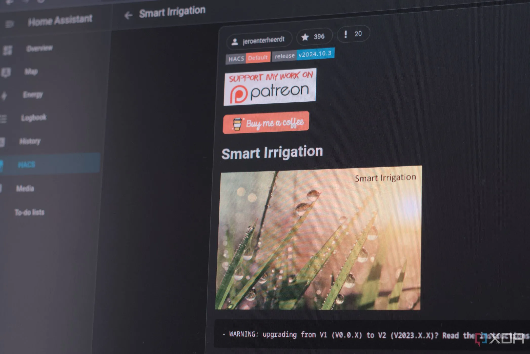 Giao diện điều khiển hệ thống tưới tiêu thông minh Smart Irrigation trong Home Assistant