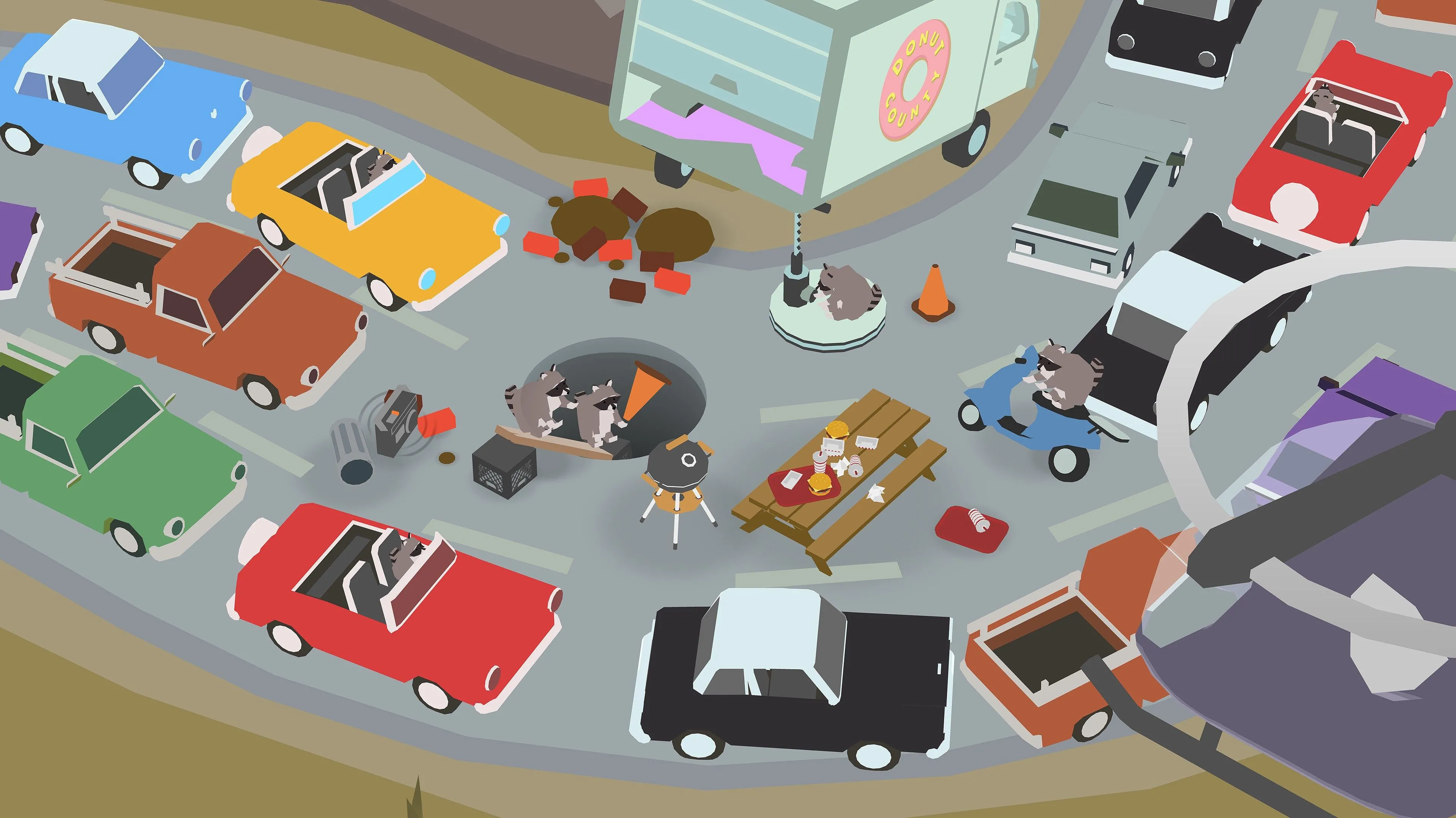 Giao diện điều khiển một cái hố trong Donut County để thu thập các vật phẩm.