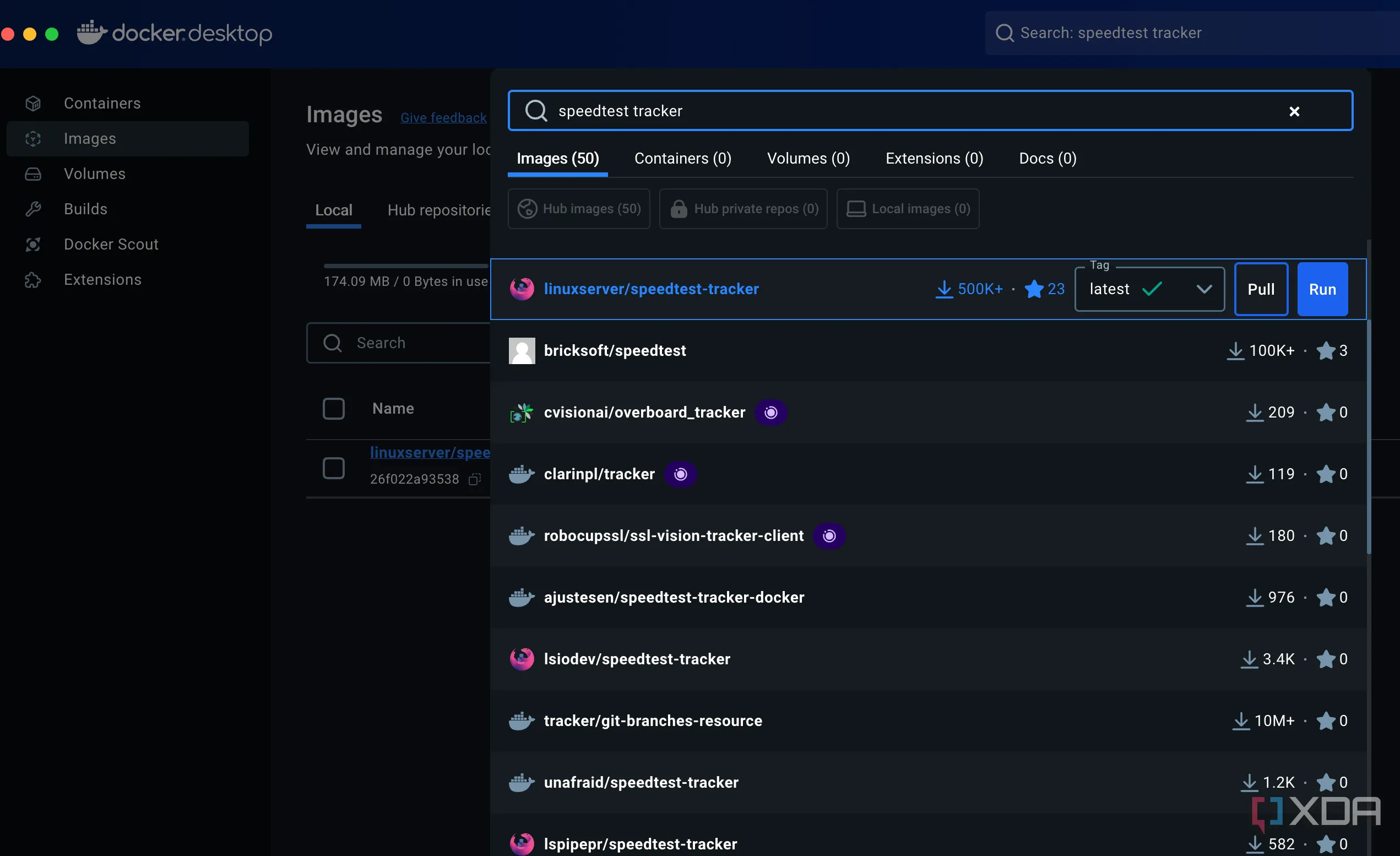 Giao diện Docker Desktop hiển thị quá trình tìm kiếm container Speedtest Tracker để cài đặt ứng dụng theo dõi tốc độ mạng
