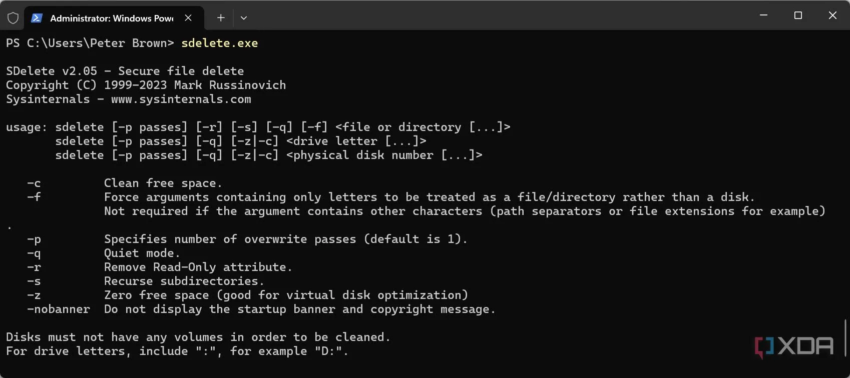 Giao diện dòng lệnh của công cụ SDelete giúp xóa file an toàn