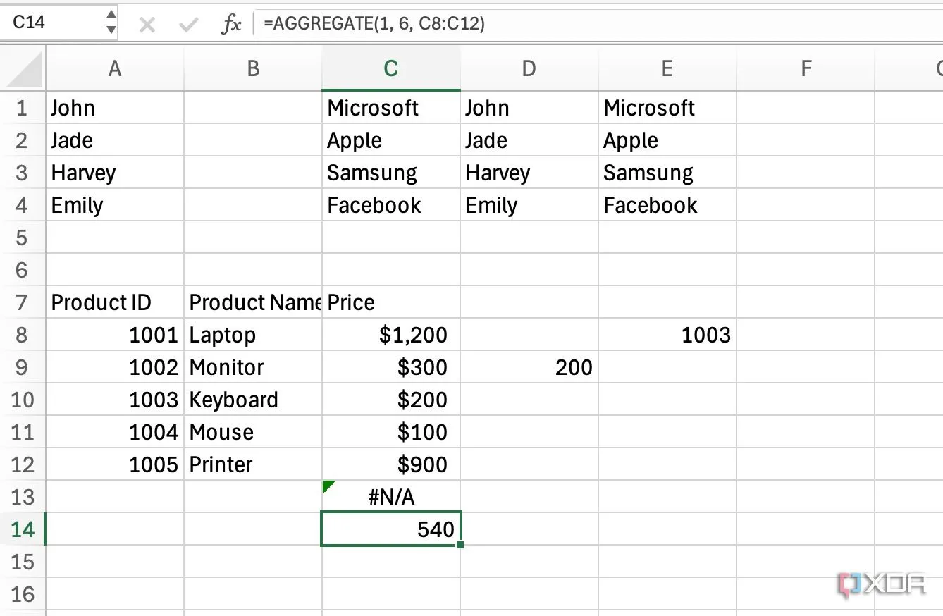 Giao diện Excel minh họa hàm AGGREGATE với các tùy chọn tính toán nâng cao