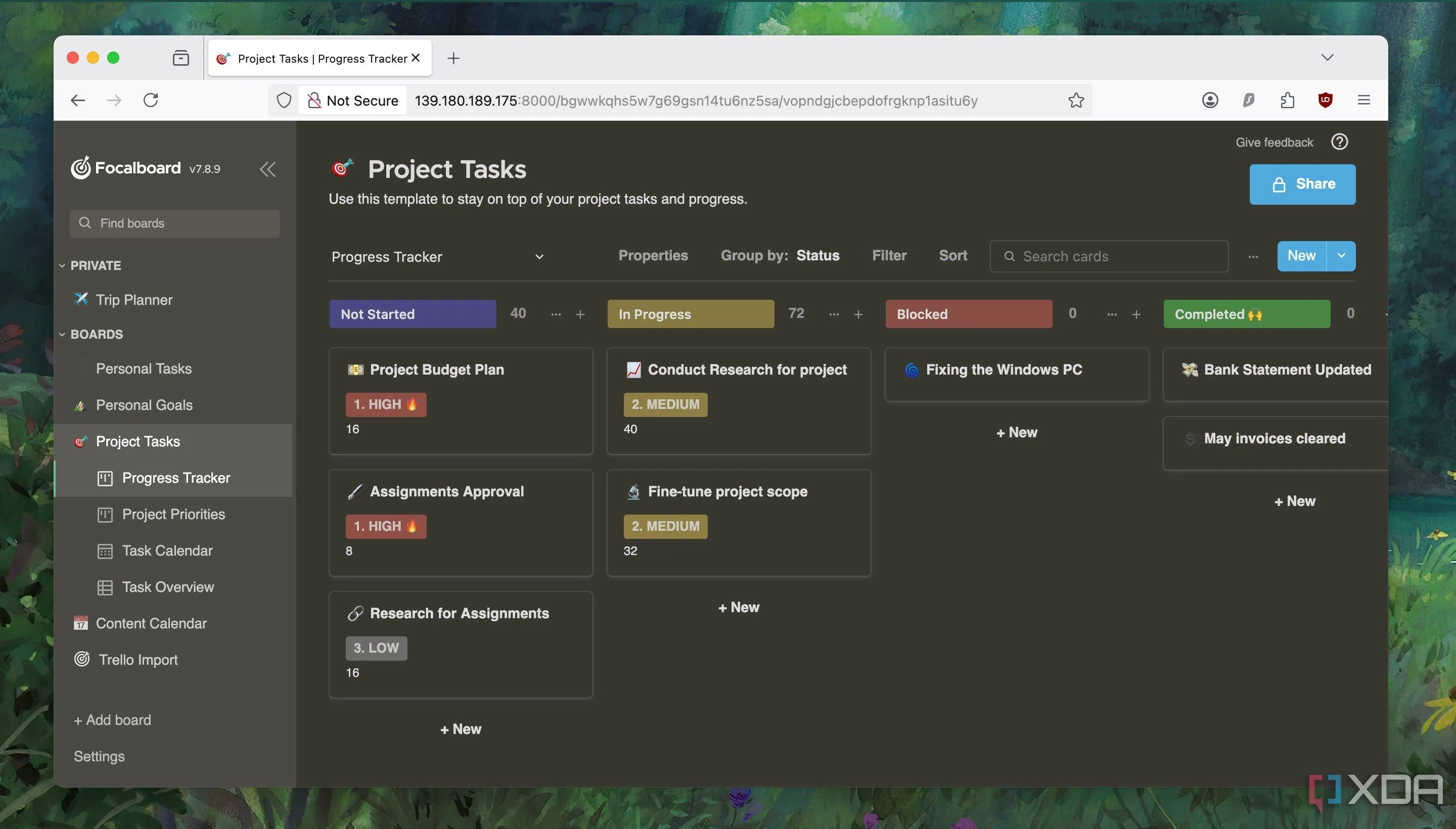 Giao diện Focalboard với chủ đề tối (Dark Theme) mang lại trải nghiệm thân thiện với người dùng trong môi trường thiếu sáng.