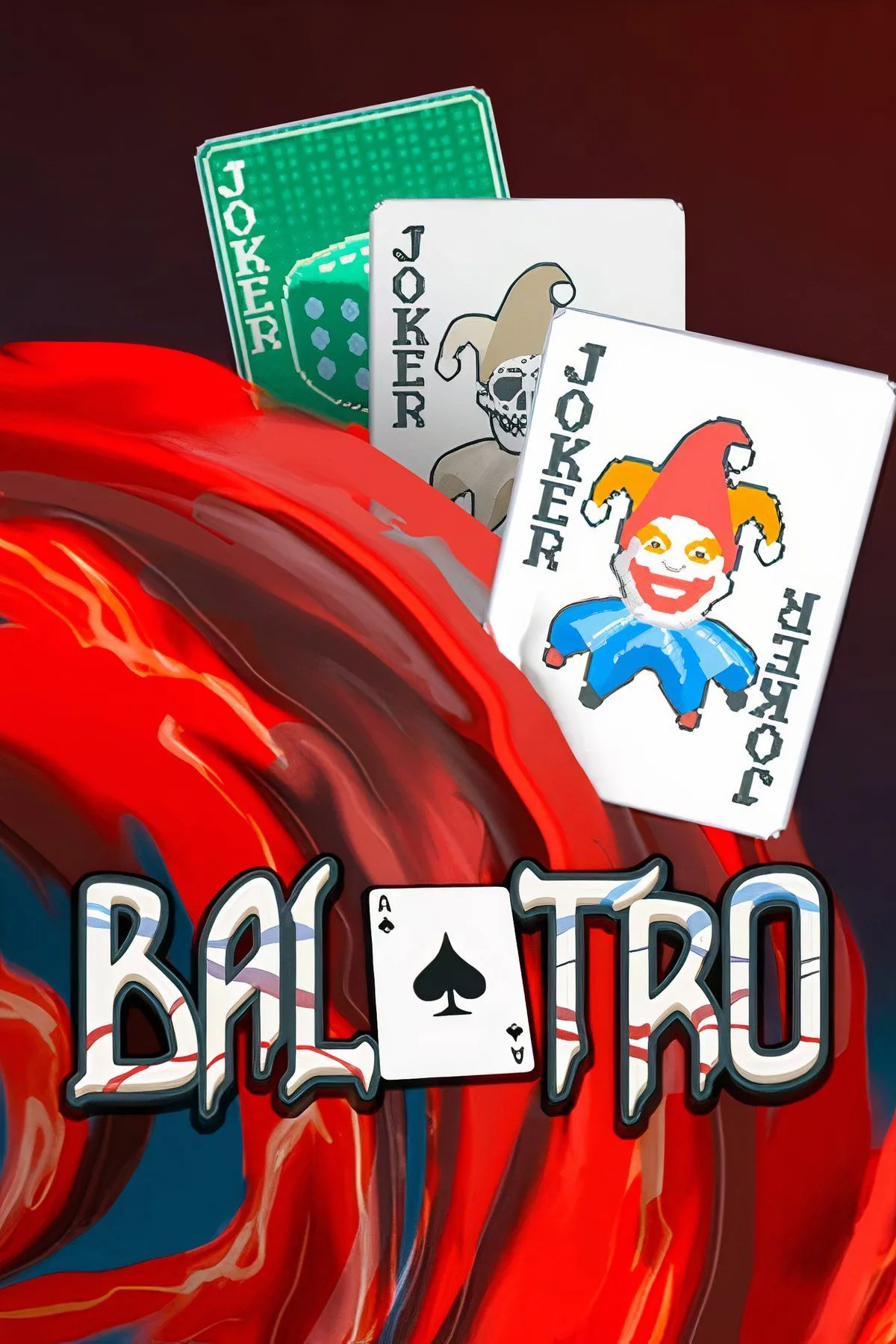 Giao diện game Balatro với các lá bài poker được cường hóa bởi hiệu ứng Joker, phong cách roguelike
