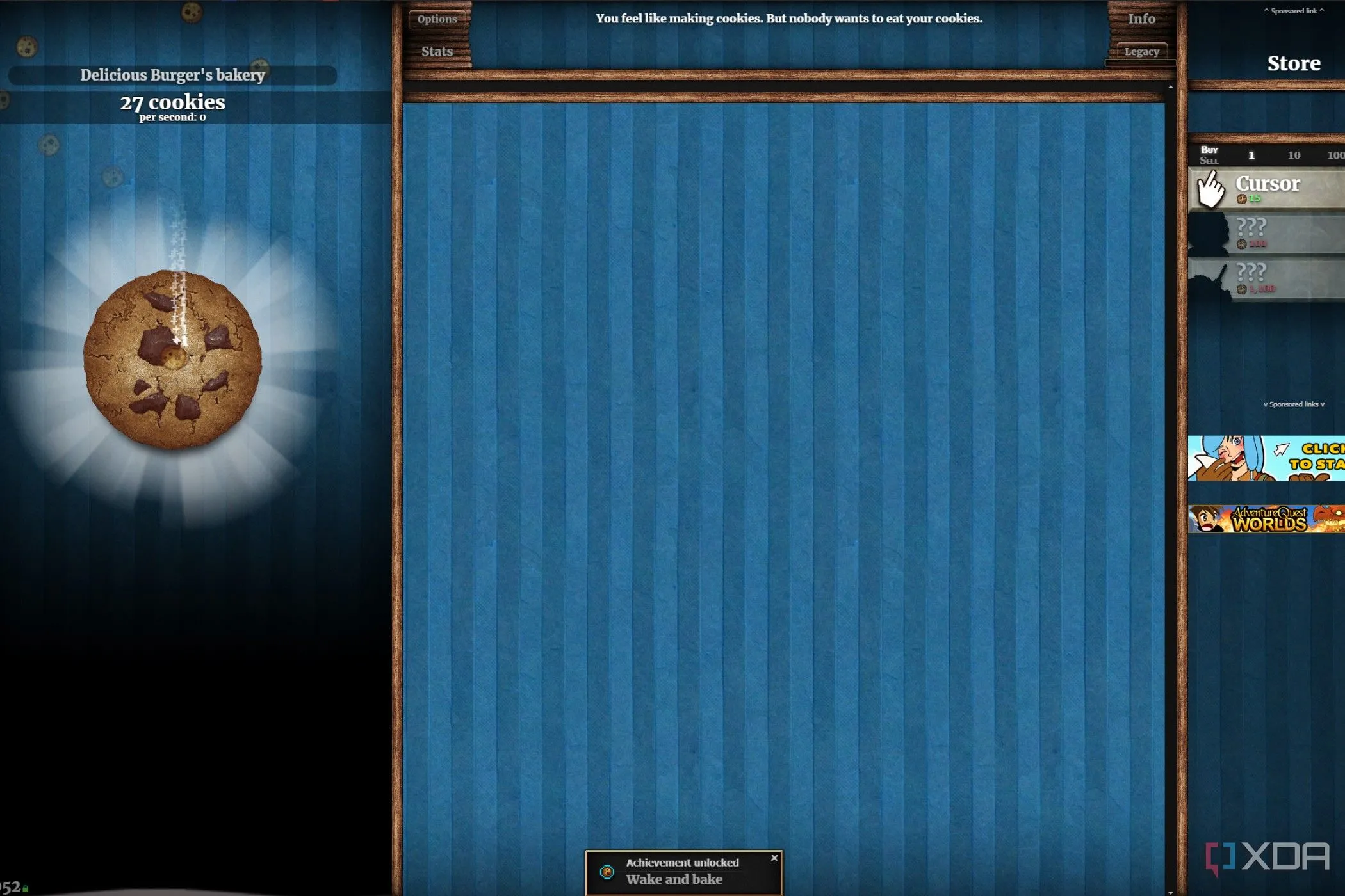 Giao diện game Cookie Clicker trên trình duyệt với nút bánh quy lớn và các chỉ số điểm
