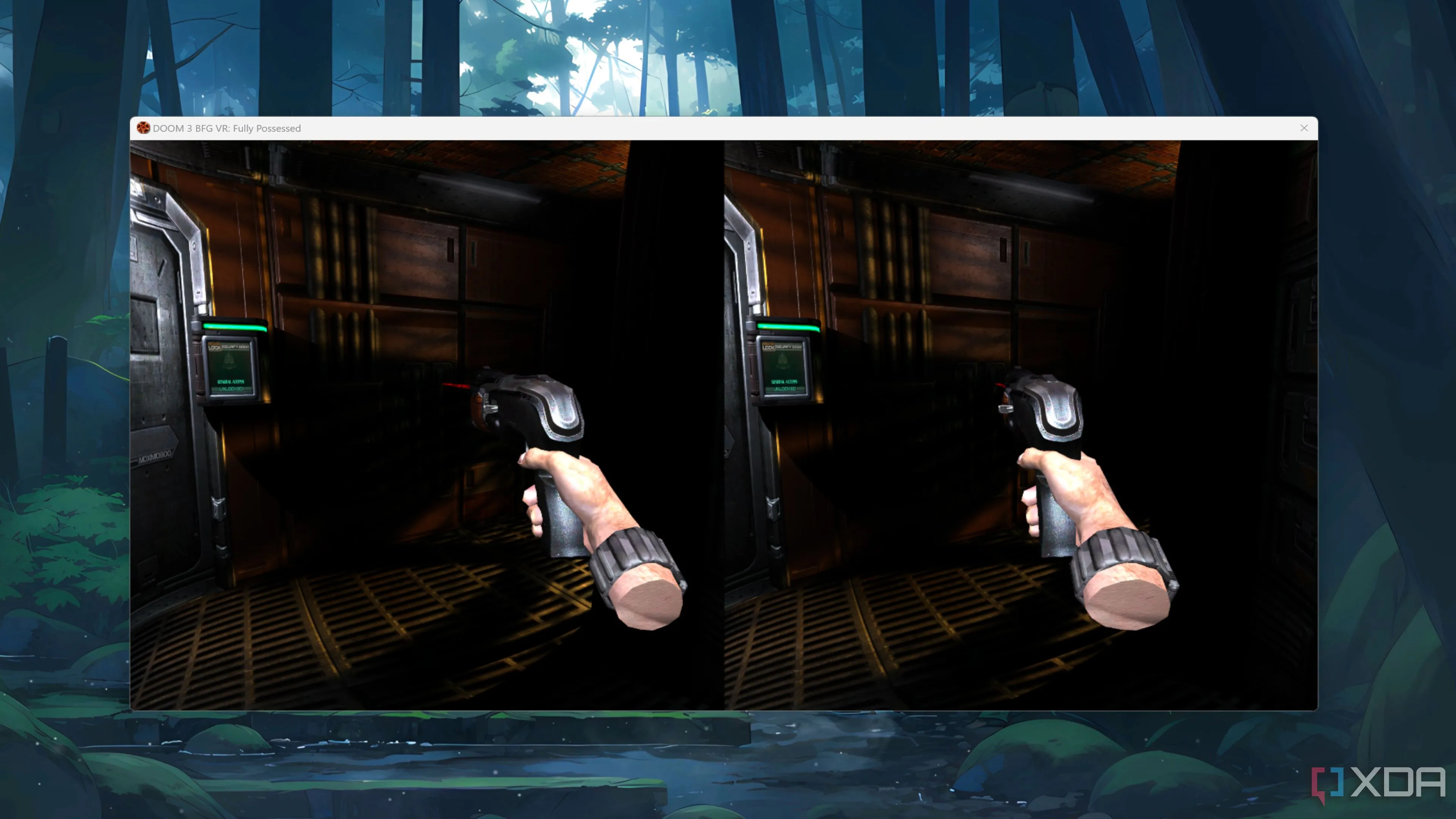 Giao diện game Doom 3: BFG Edition đang chạy trong môi trường VR, thể hiện đồ họa kinh dị và góc nhìn thứ nhất