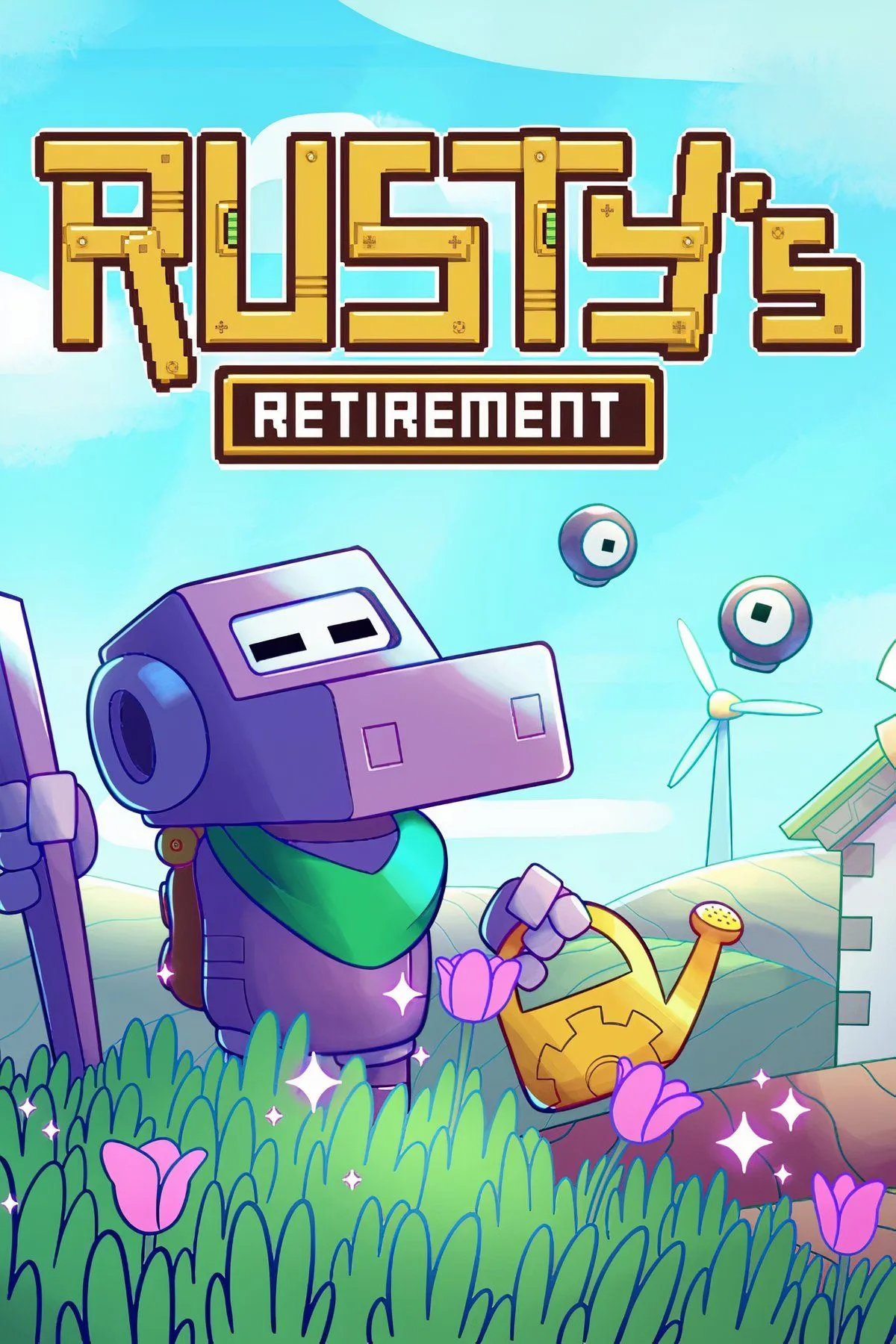 Giao diện game Rusty's Retirement với chú robot đang làm việc trên cánh đồng