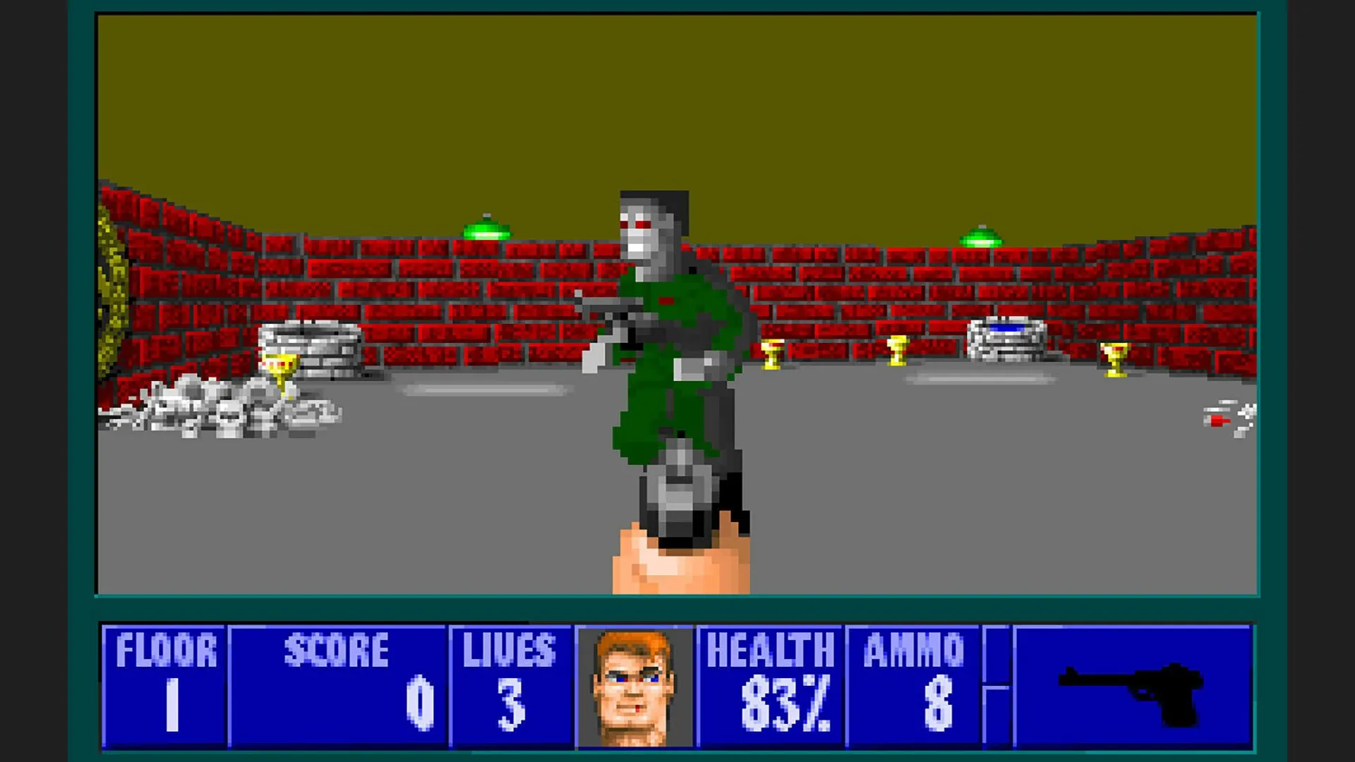 Giao diện gameplay điển hình của Wolfenstein 3D, nền tảng đồ họa và cơ chế của Super Noah's Ark 3D.
