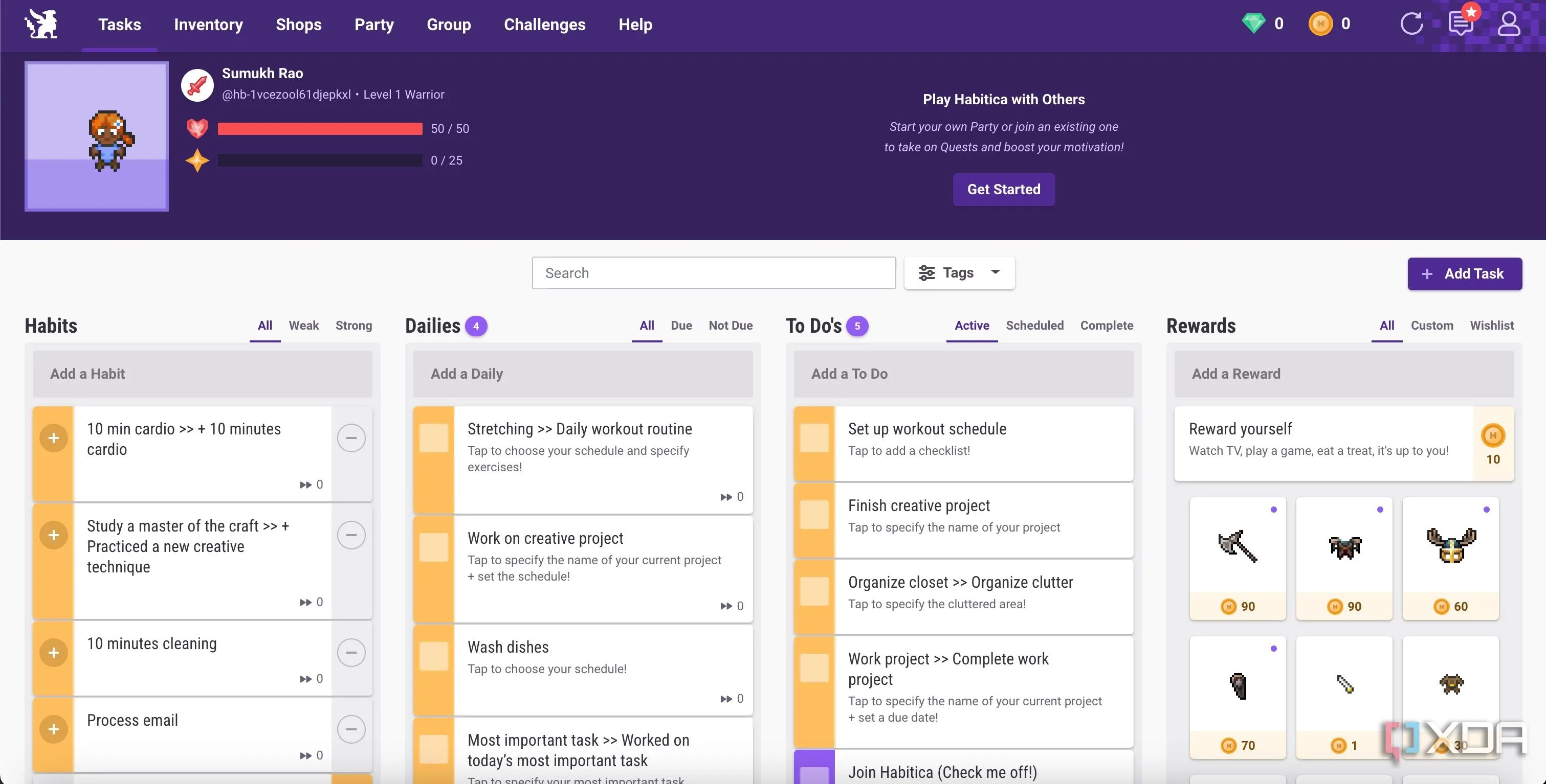 Giao diện Habitica với nhân vật, nhiệm vụ và các chỉ số trong game