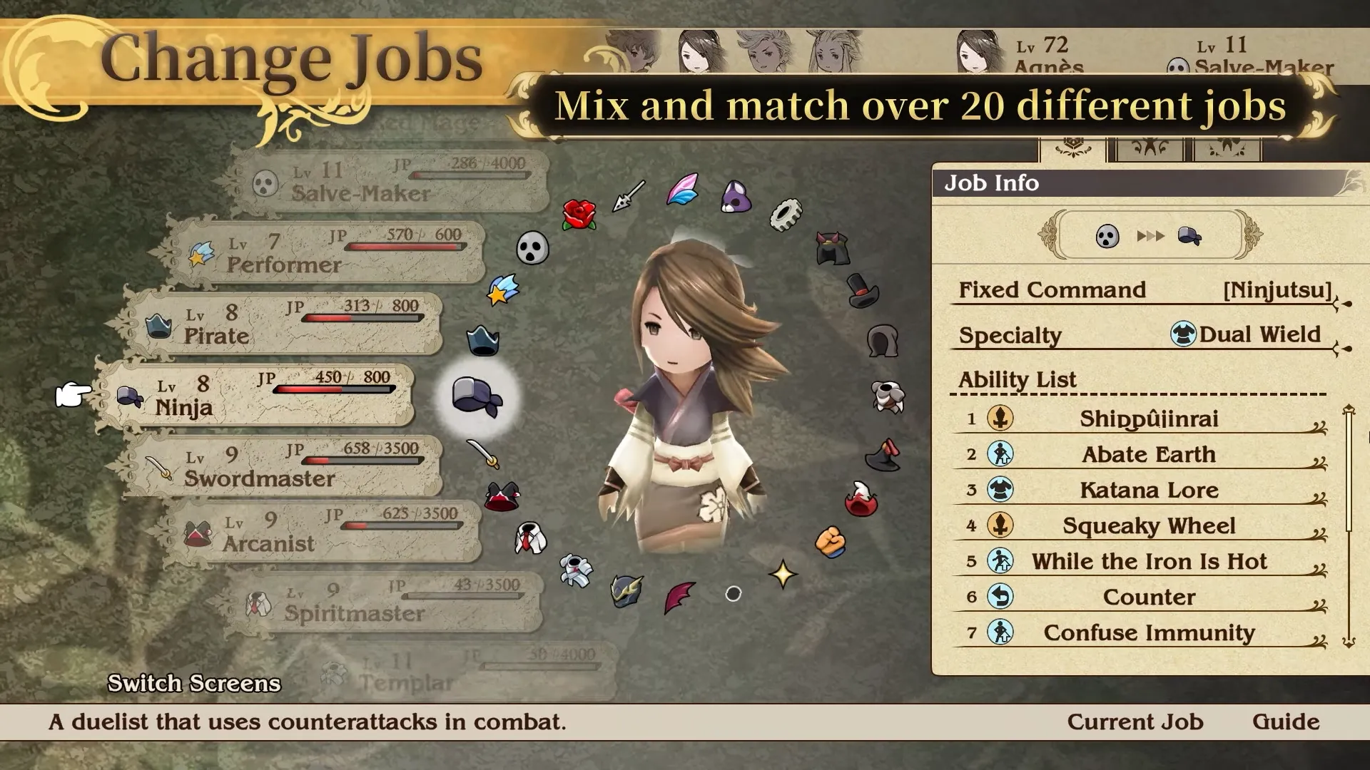 Giao diện hệ thống nghề nghiệp (Job System) trong Bravely Default remaster, thể hiện sự linh hoạt tùy biến