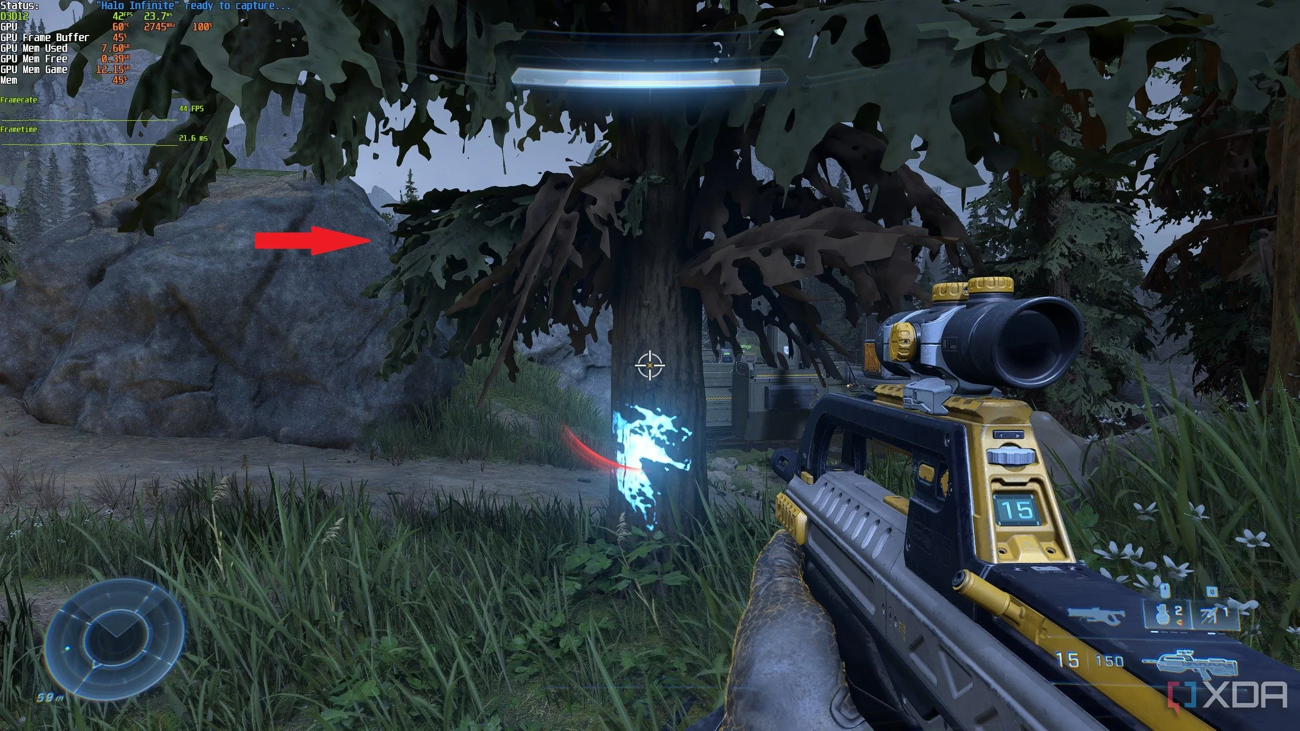 Giao diện hiển thị VRAM usage trong Halo Infinite, minh họa tình trạng thiếu VRAM và hiện tượng pop-in texture.
