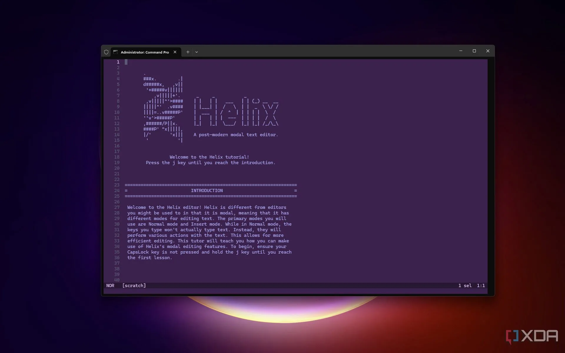 Giao diện hướng dẫn sử dụng Helix Editor, minh họa chế độ modal và các tính năng