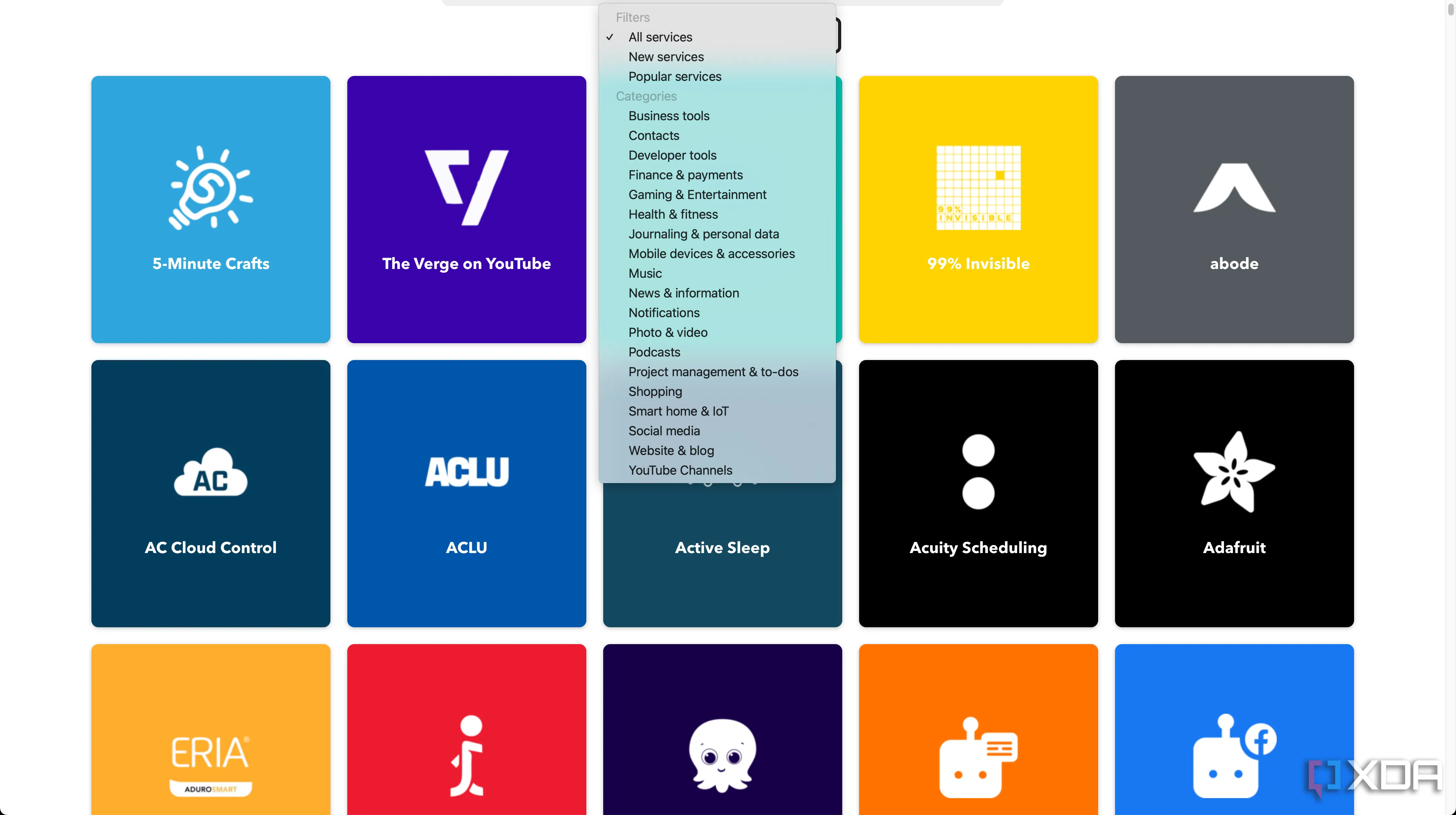 Giao diện IFTTT liệt kê các dịch vụ tích hợp