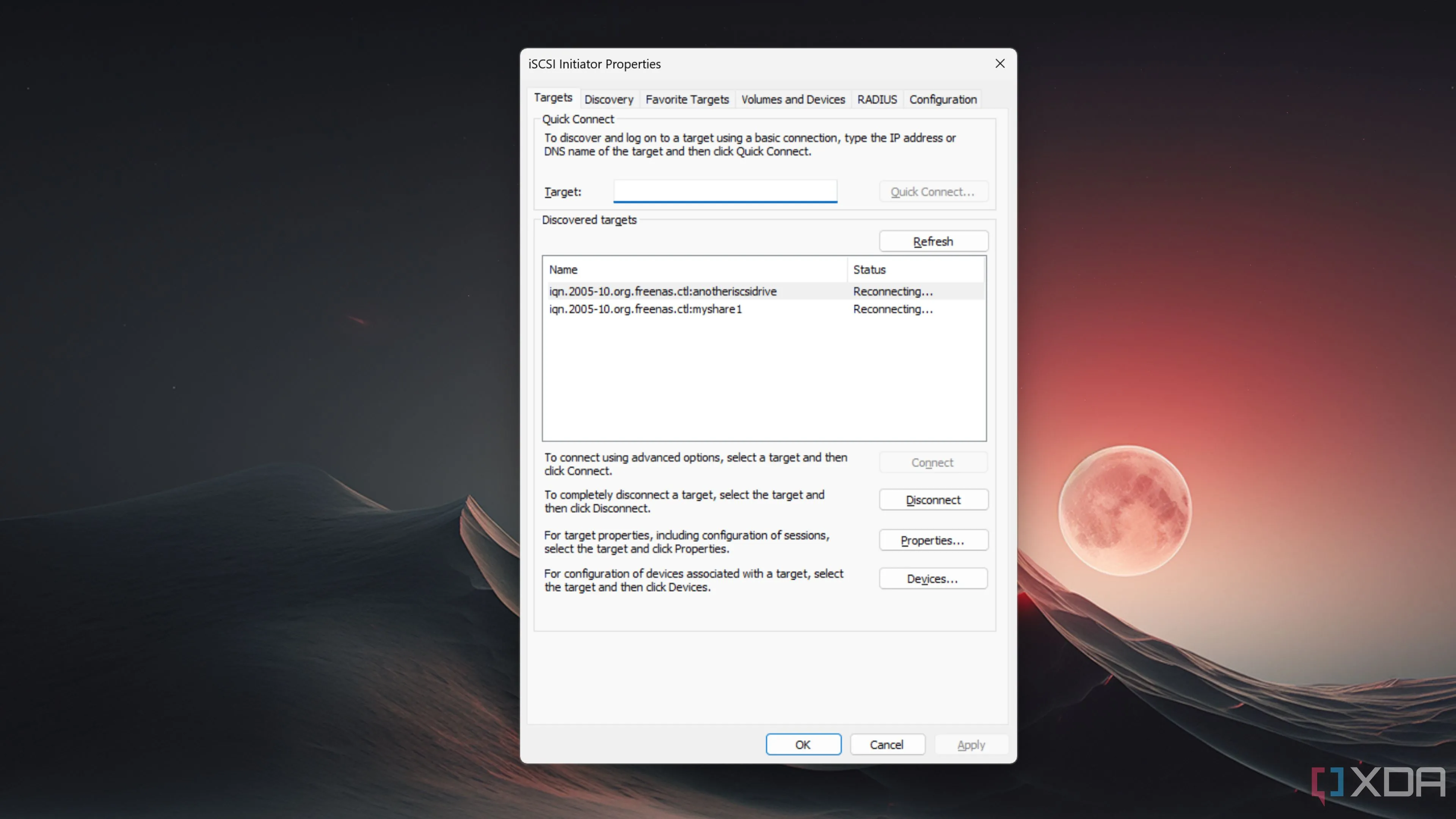 Giao diện iSCSI Initiator trên Windows 11