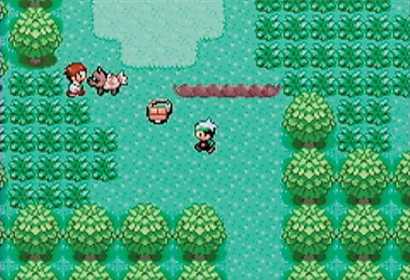 Giao diện khám phá thế giới trong Pokémon R.O.W.E với nhân vật chính và Pokémon đồng hành, thể hiện tính năng open-world liền mạch.