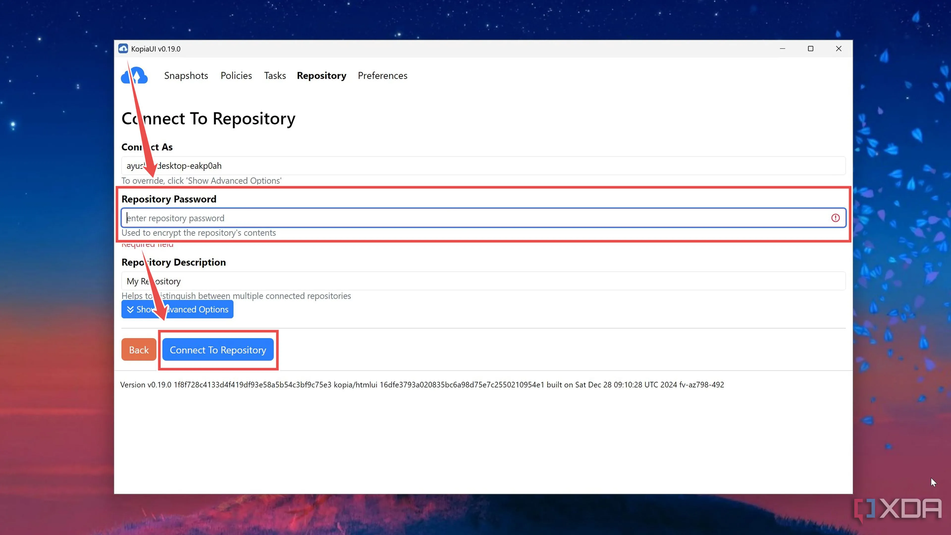 Giao diện Kopia với trường nhập Repository Password và nút Connect to Repository để kết nối kho lưu trữ