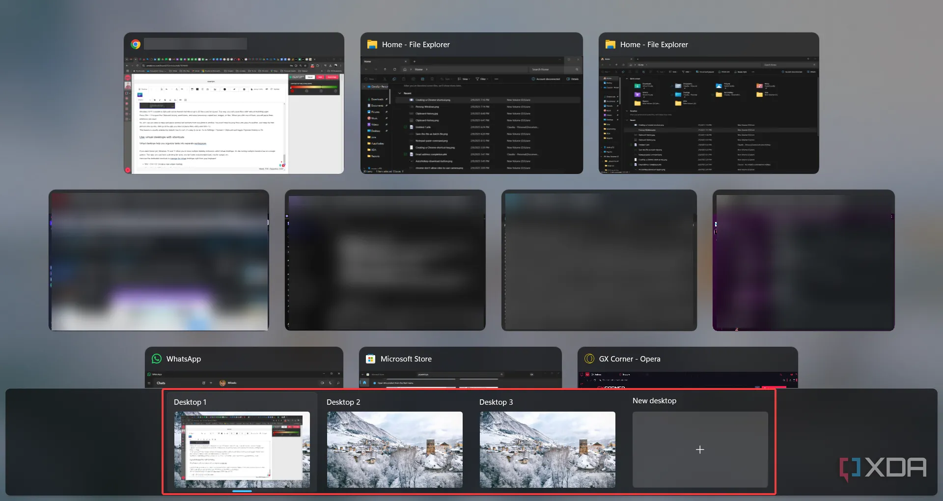 Giao diện lựa chọn màn hình ảo (Virtual Desktops) trên Windows 11, hiển thị nhiều không gian làm việc