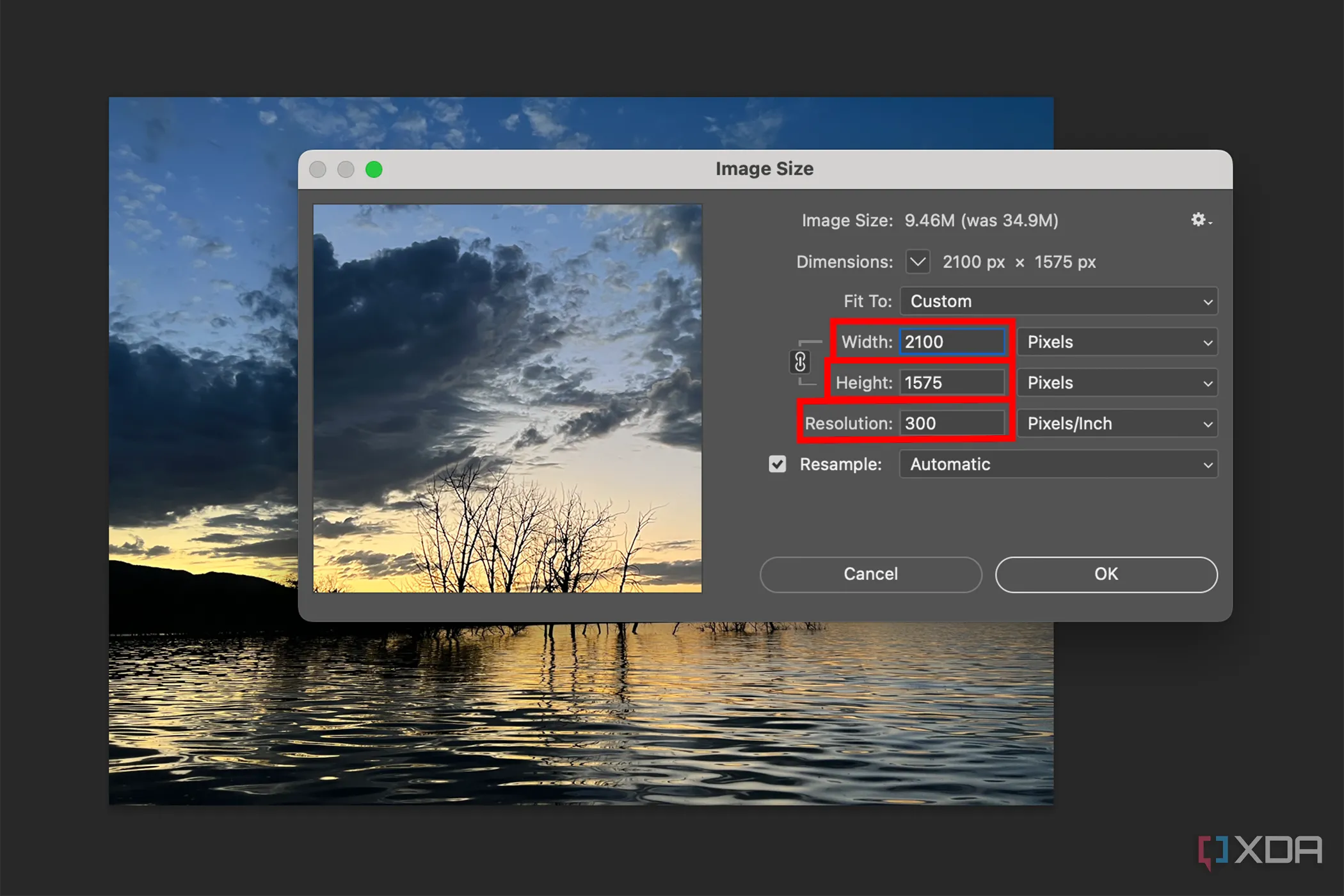 Giao diện menu Image Size của Photoshop, làm nổi bật các tùy chọn chiều cao, chiều rộng và độ phân giải